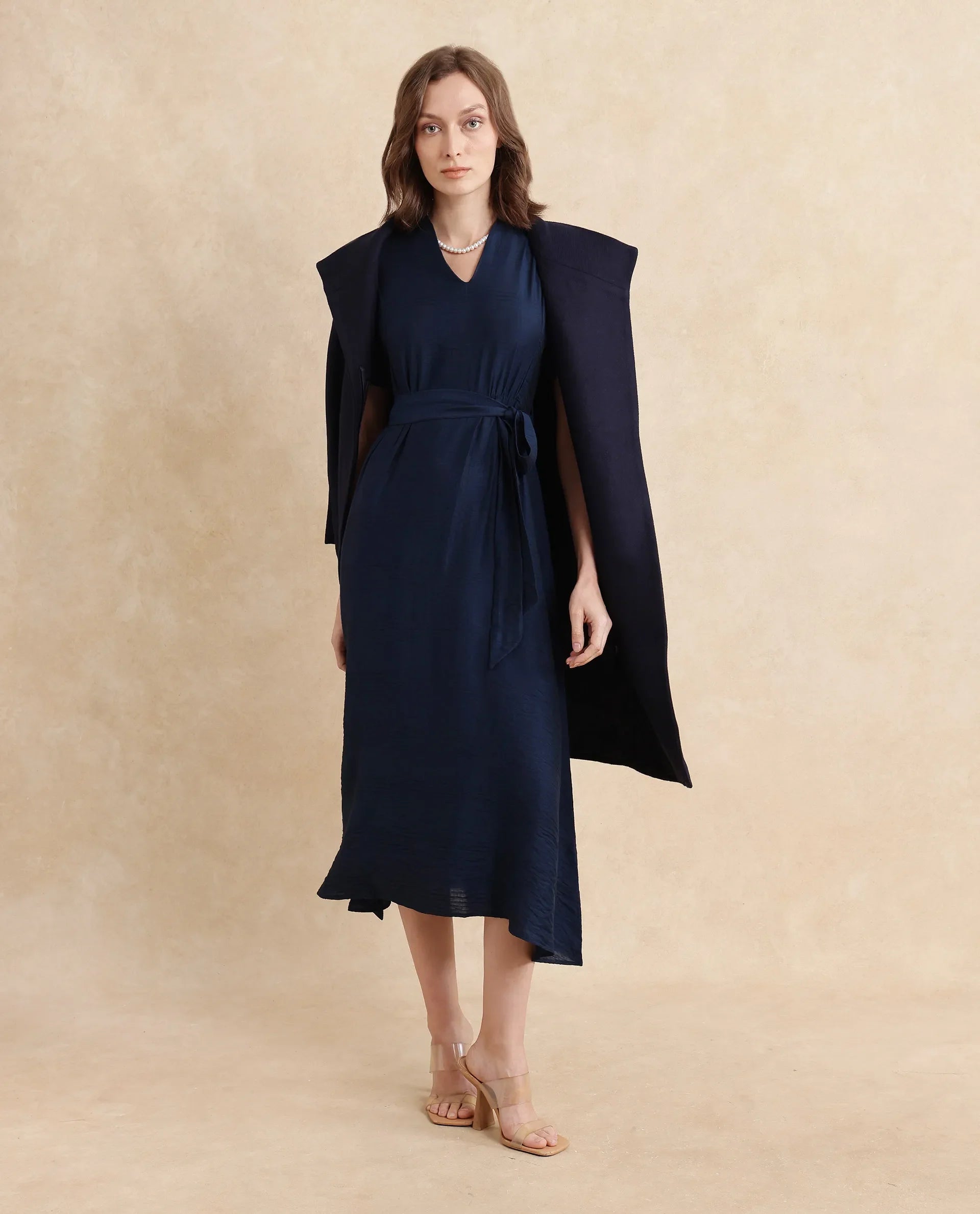Rareism Women's Ehlum Navy Polyester V-Neck Plain Extended Sleeves Midi Regular Fit Dress