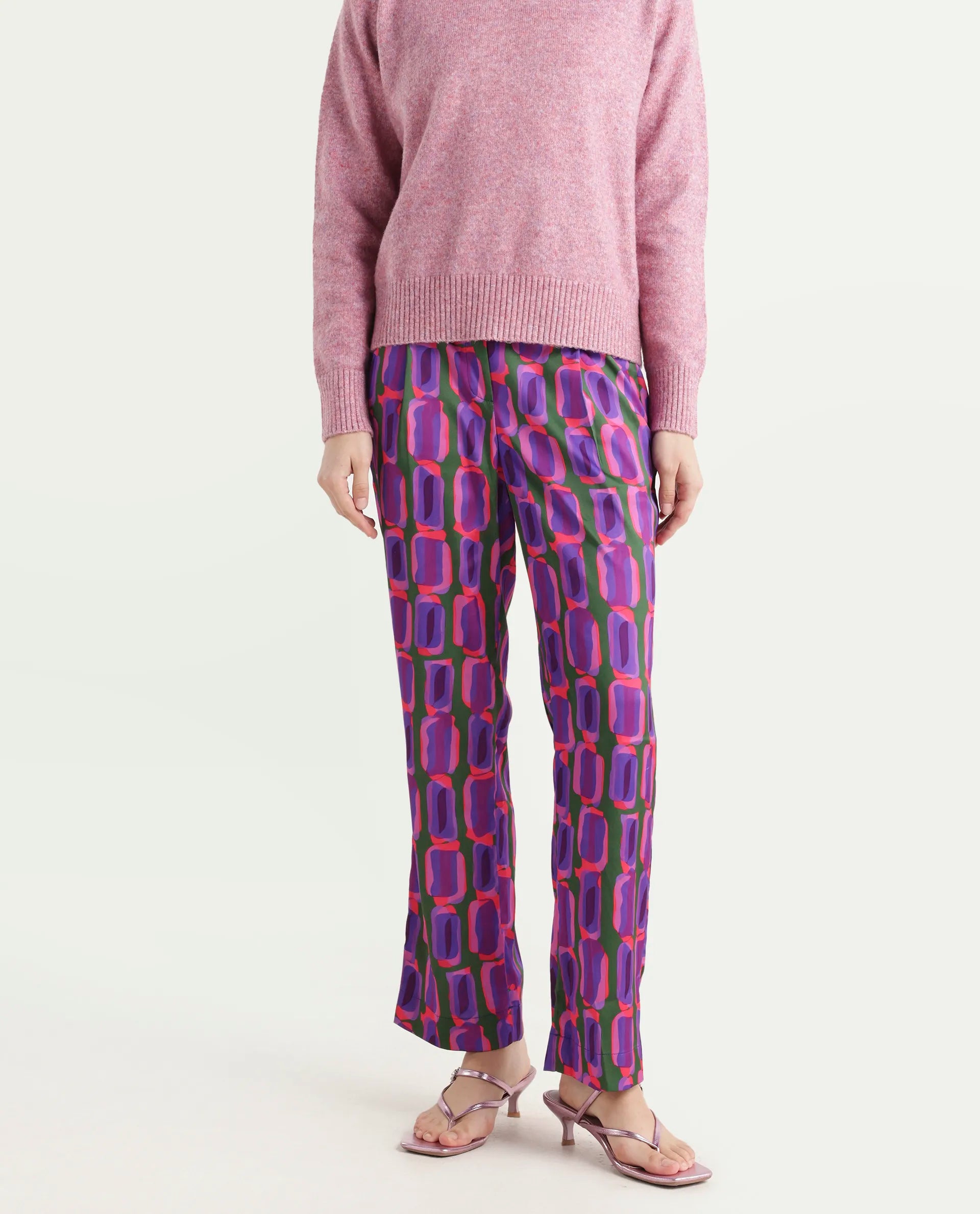 Rareism Women's Eista Purple Polyester Geometric Print Ankle Length Relaxed Fit Trouser