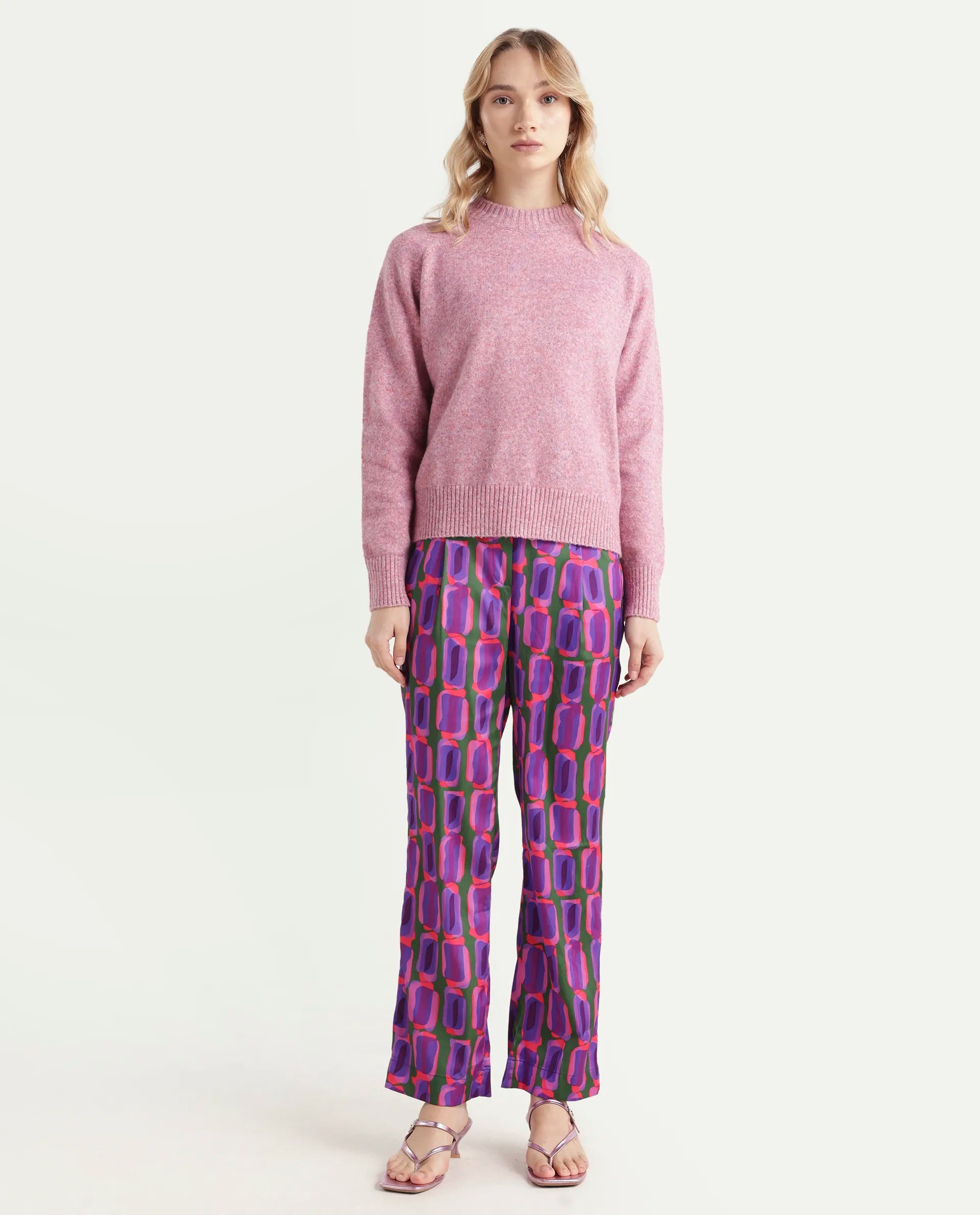 Rareism Women's Eista Purple Polyester Geometric Print Ankle Length Relaxed Fit Trouser