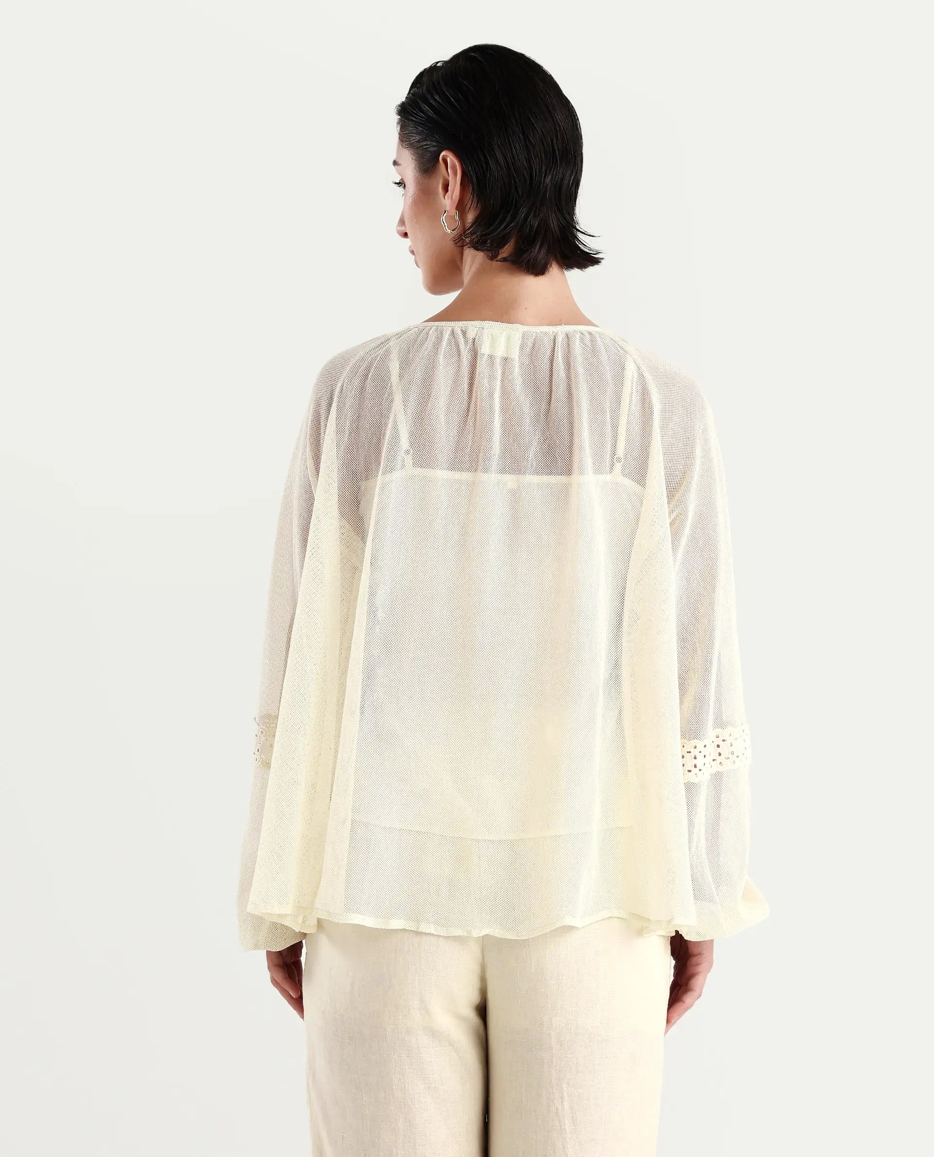 Rareism Women's Ela Light Beige Tie-Up Neck Plain Raglan Sleeve Relaxed Fit Top