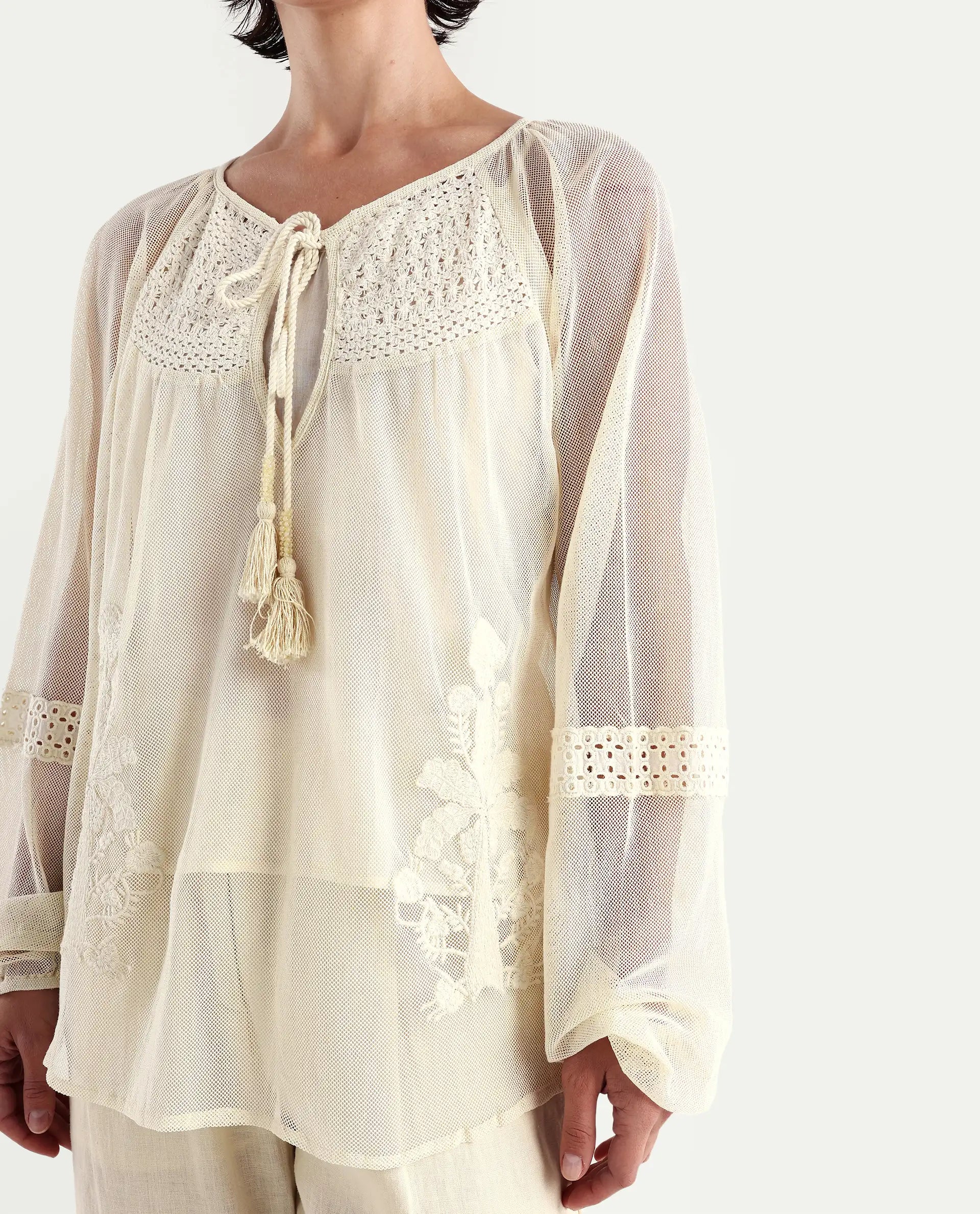 Rareism Women's Ela Light Beige Tie-Up Neck Plain Raglan Sleeve Relaxed Fit Top