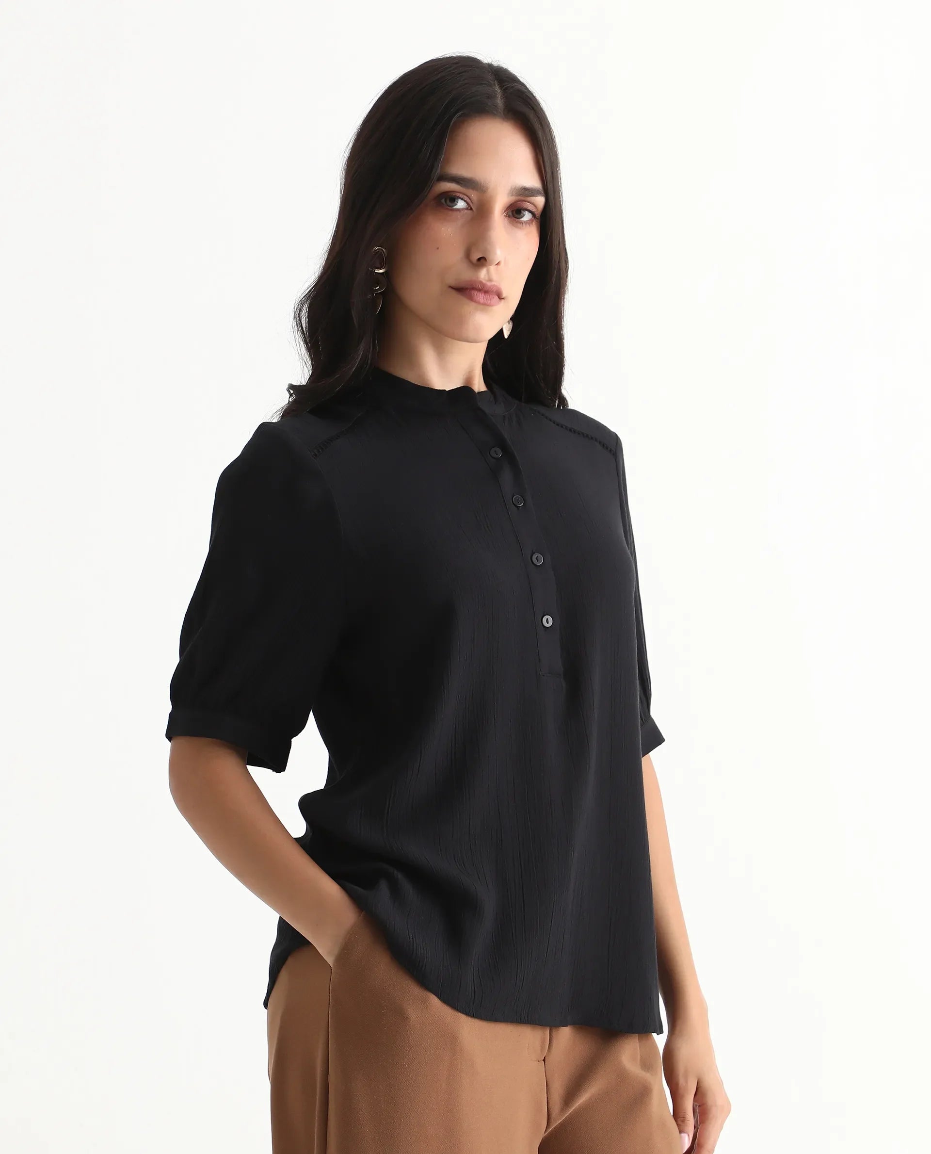 Rareism Women's Elane Black 100% Viscose Bishop Sleeve Mandarin Collar Regular Fit Plain Top