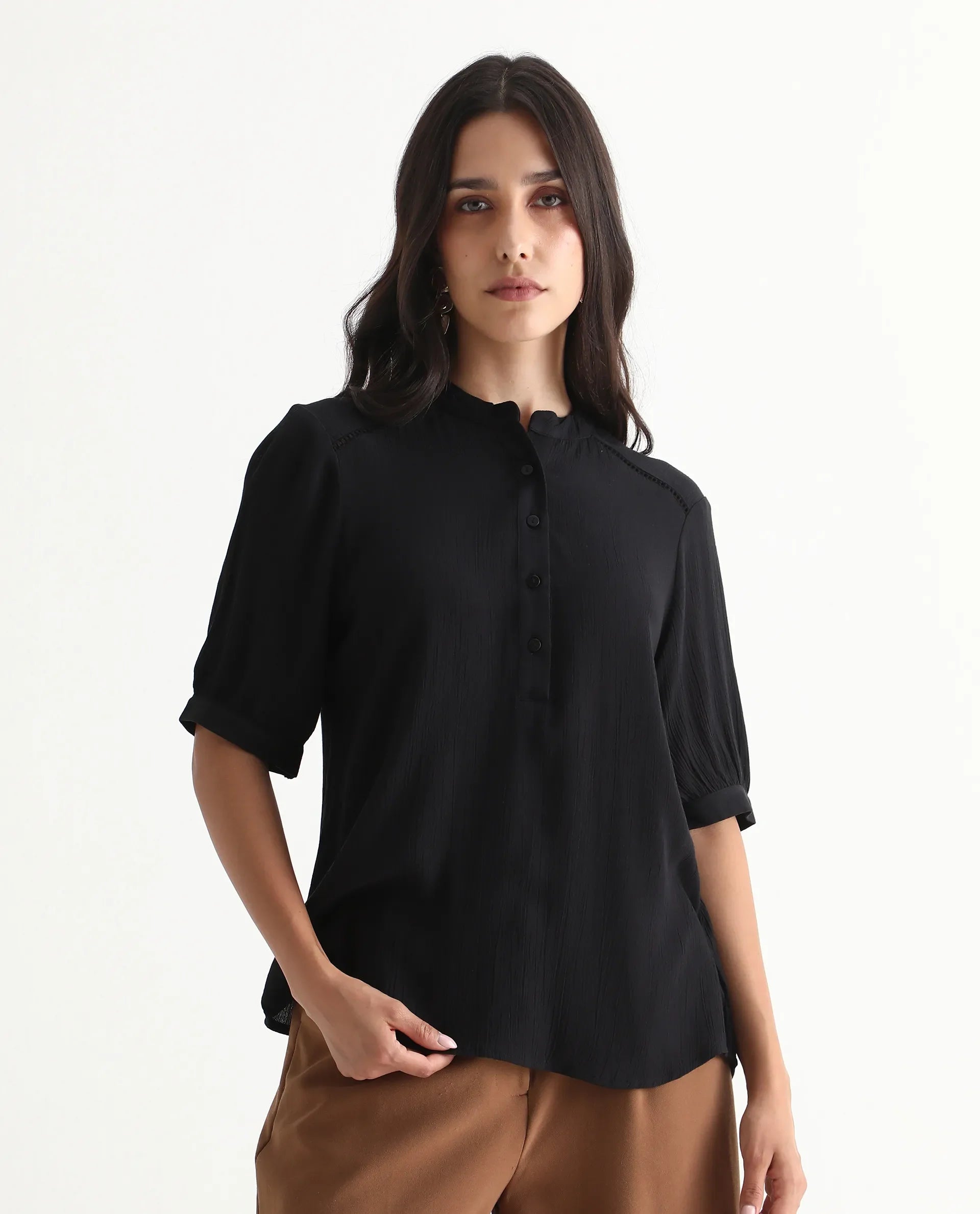 Rareism Women's Elane Black 100% Viscose Bishop Sleeve Mandarin Collar Regular Fit Plain Top