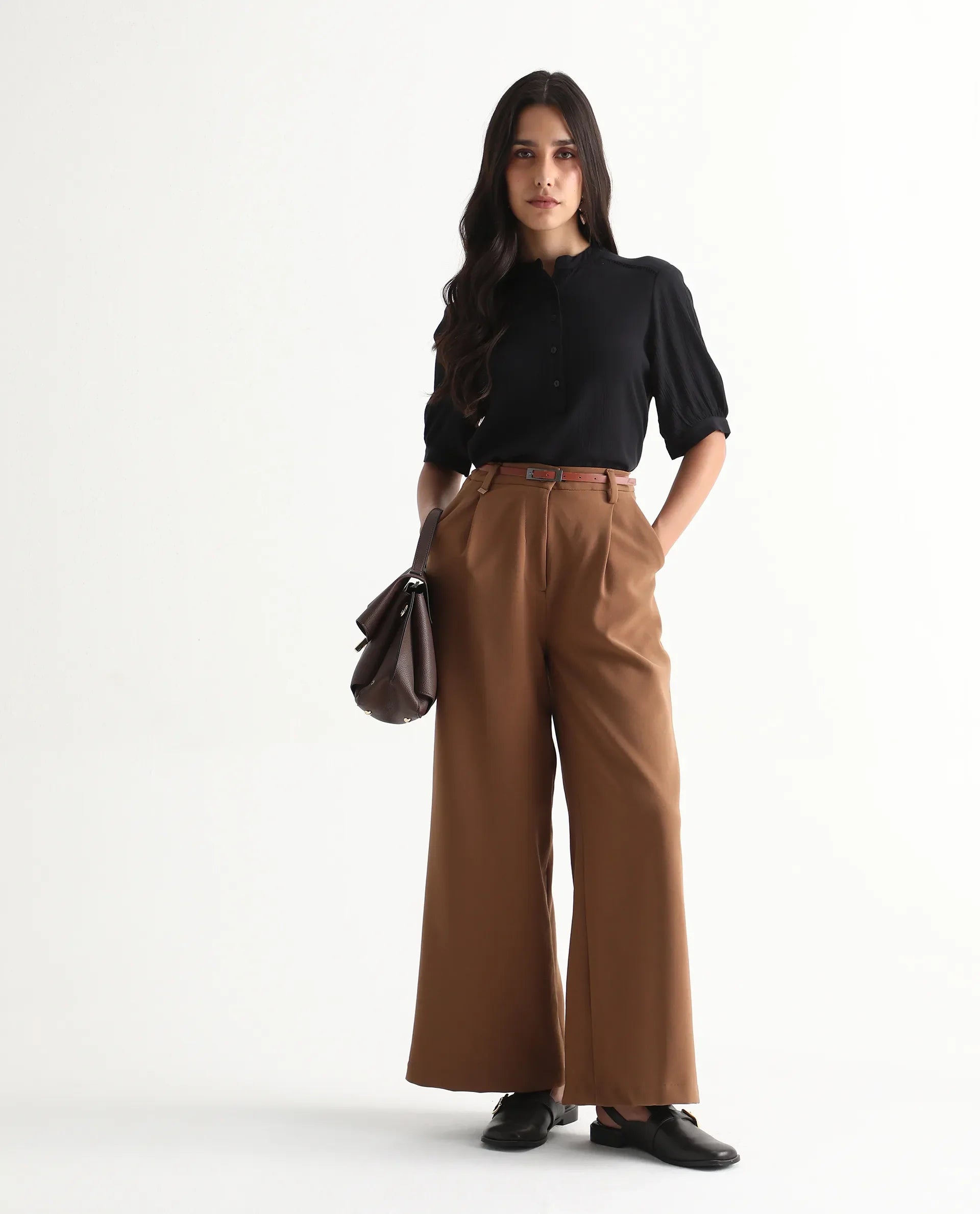 Rareism Women's Elane Black 100% Viscose Bishop Sleeve Mandarin Collar Regular Fit Plain Top