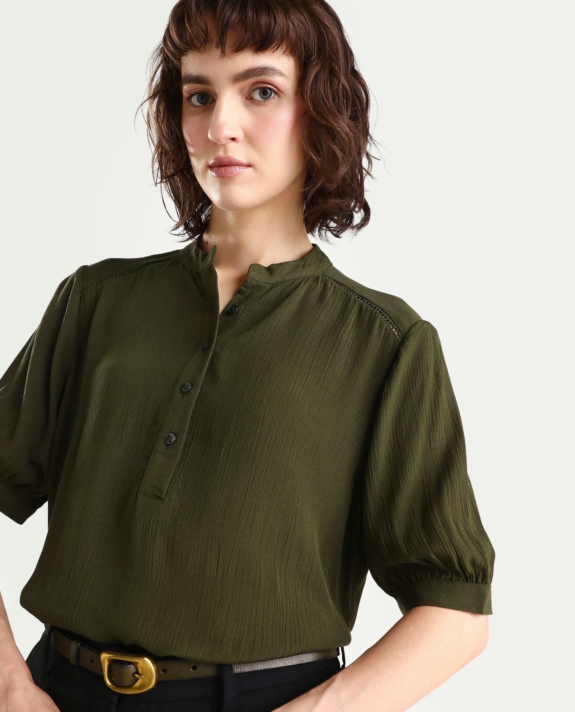 Rareism Women's Elane Olive Viscose Half Sleeve Regular Fit Plain Top