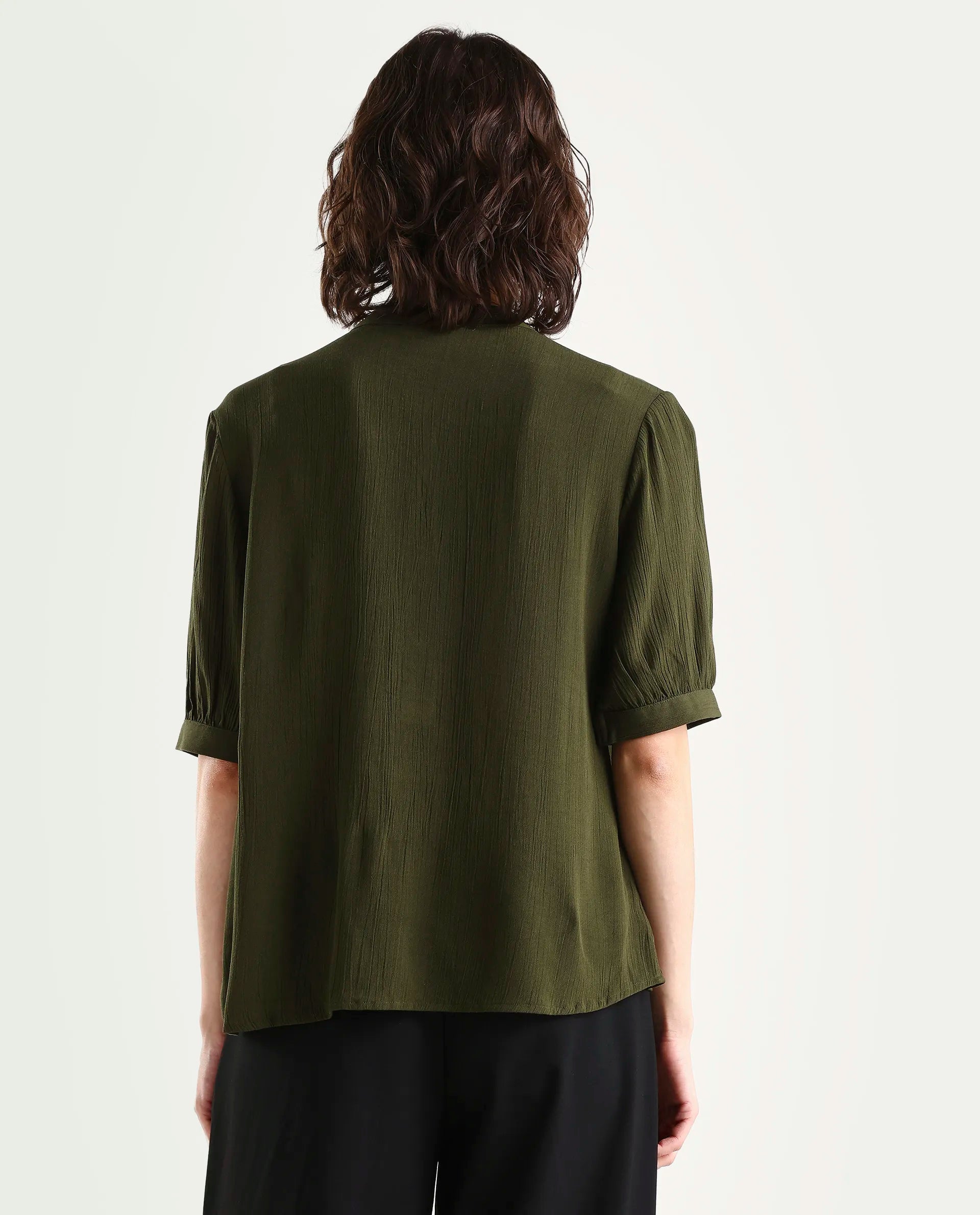 Rareism Women's Elane Olive Viscose Half Sleeve Regular Fit Plain Top
