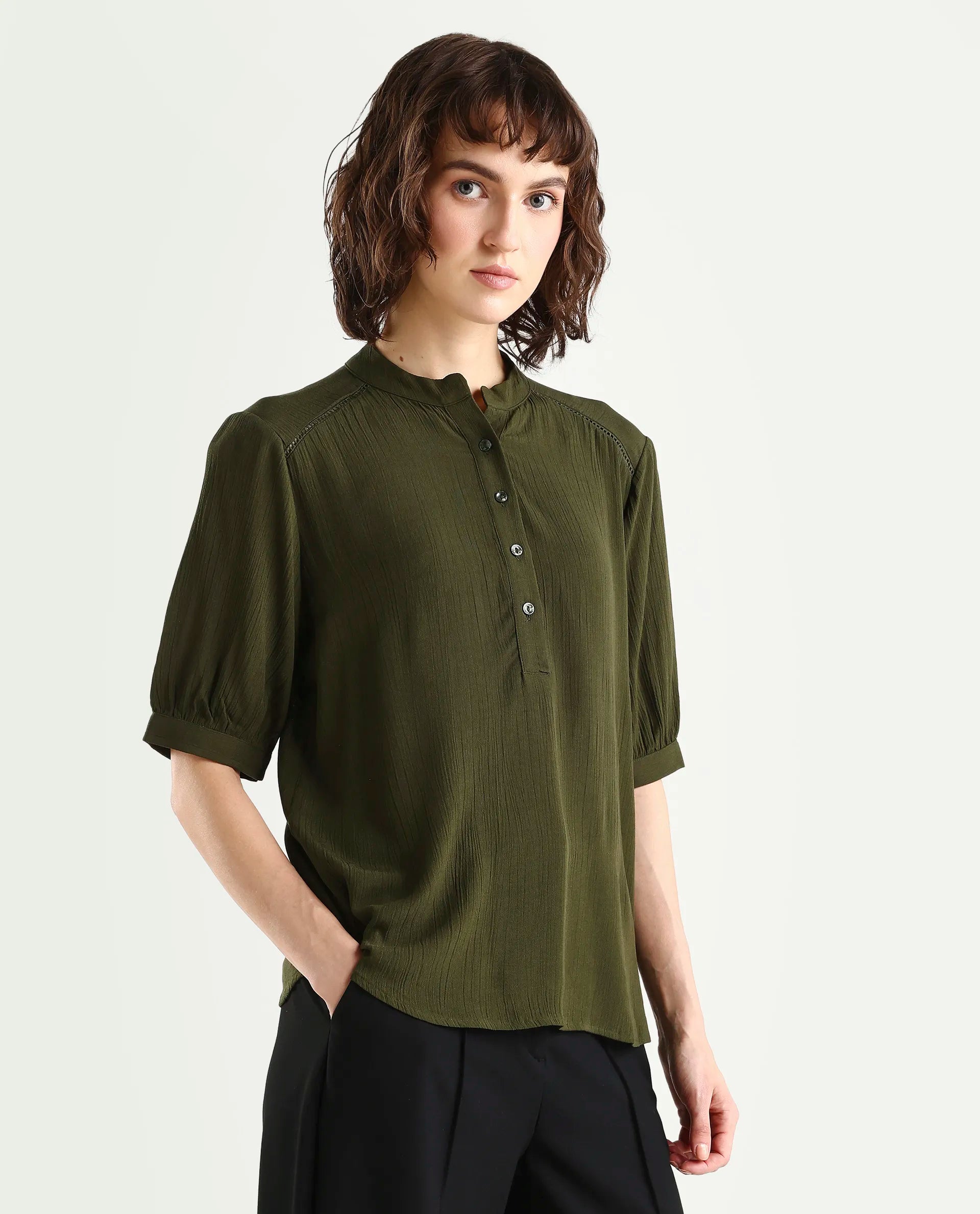 Rareism Women's Elane Olive Viscose Half Sleeve Regular Fit Plain Top