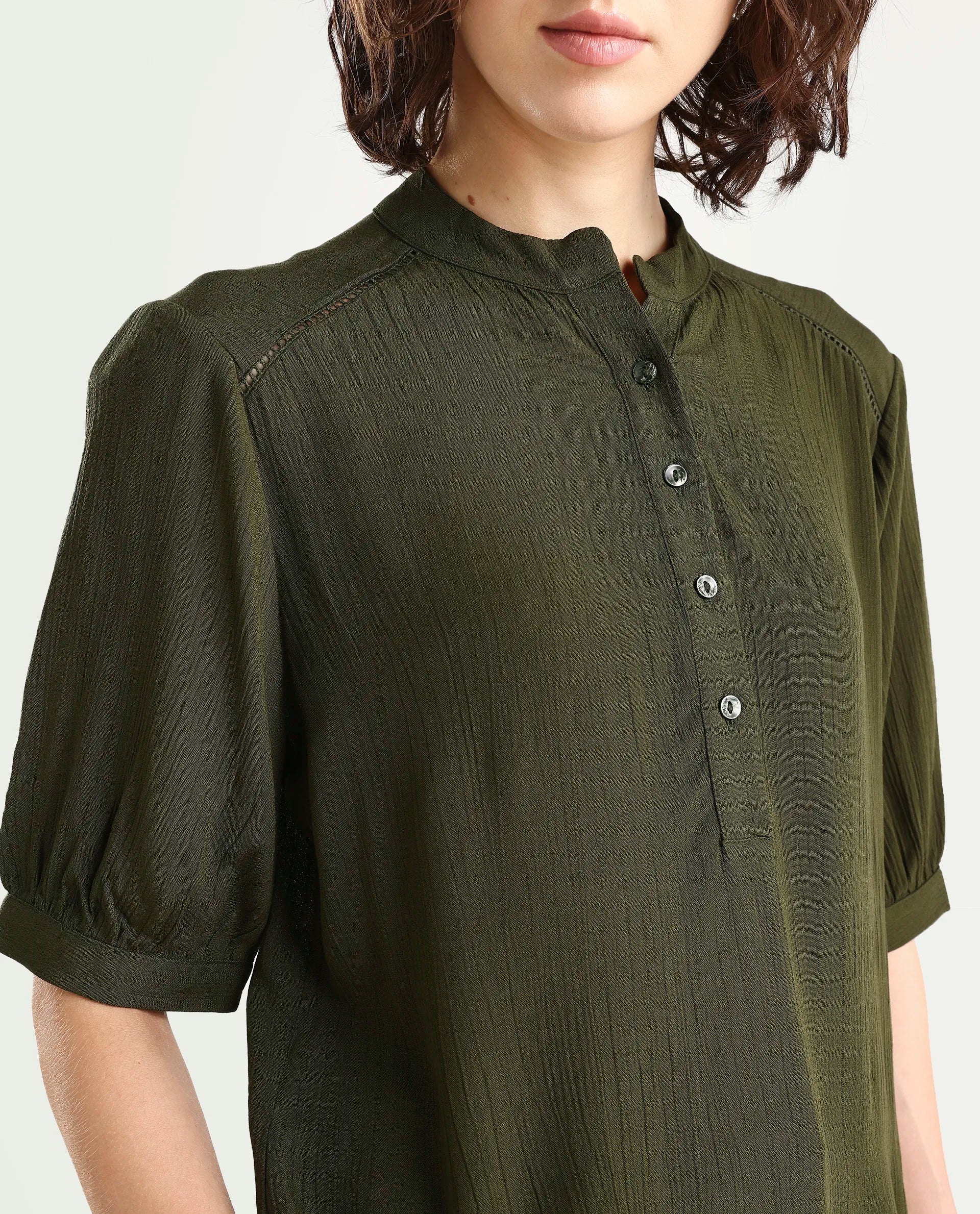 Rareism Women's Elane Olive Viscose Half Sleeve Regular Fit Plain Top