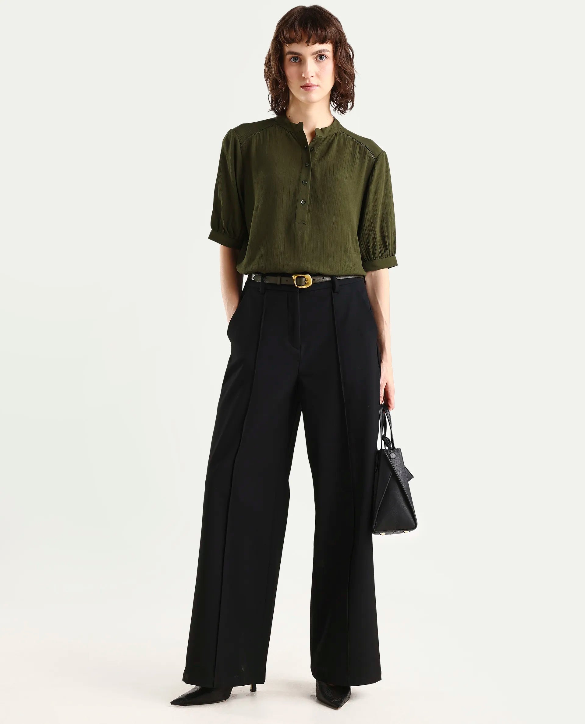 Rareism Women's Elane Olive Viscose Half Sleeve Regular Fit Plain Top