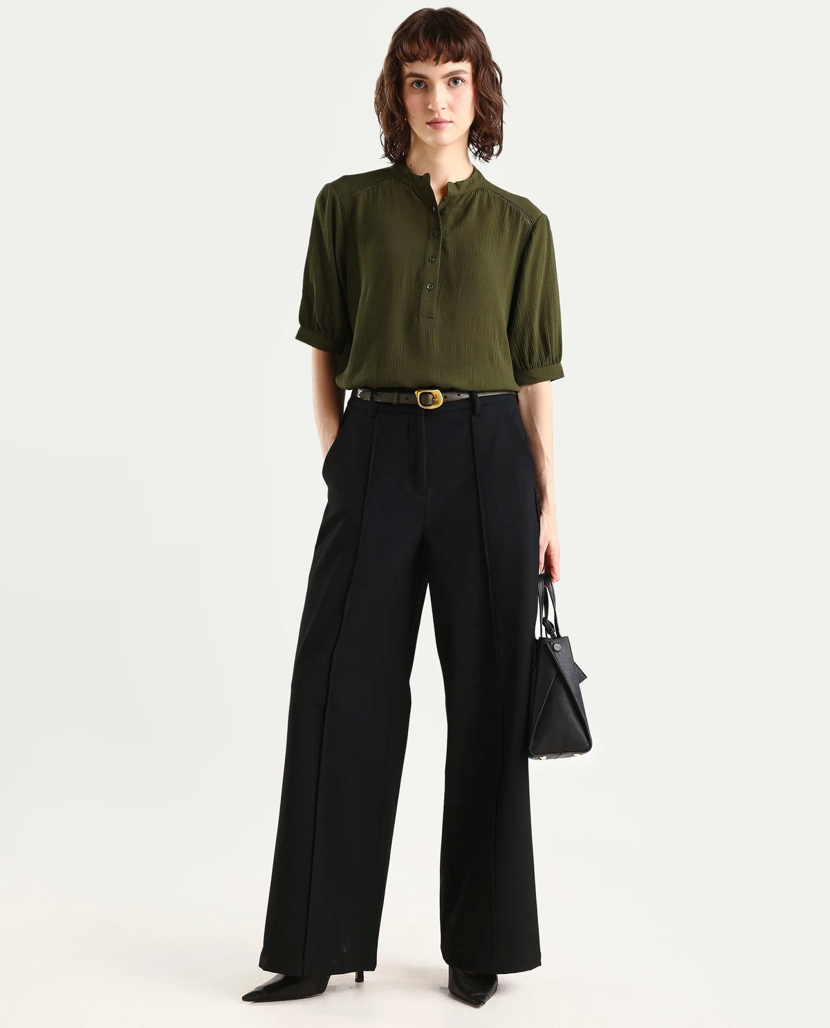 Rareism Women's Elane Olive Viscose Half Sleeve Regular Fit Plain Top