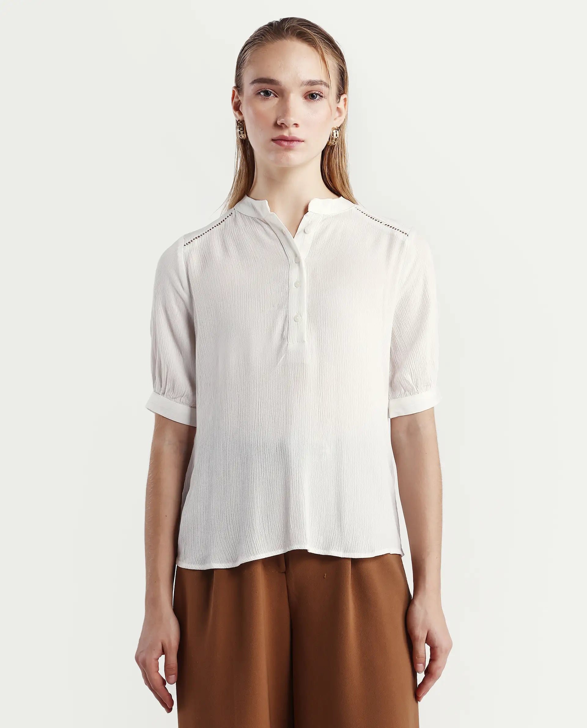 Rareism Women's Elane White Viscose Mandarin Collar Regular Fit Plain Top