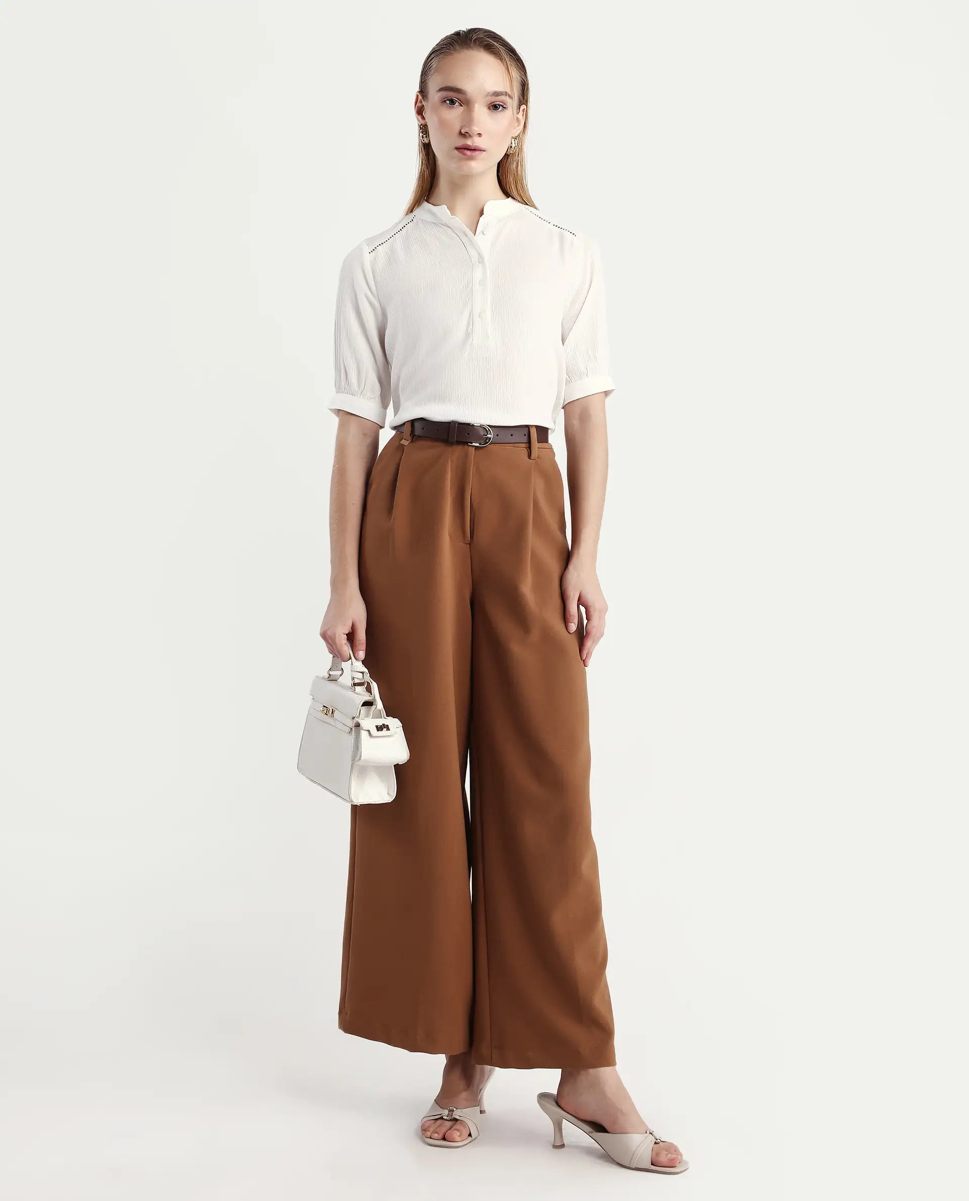 Rareism Women's Elane White Viscose Mandarin Collar Regular Fit Plain Top