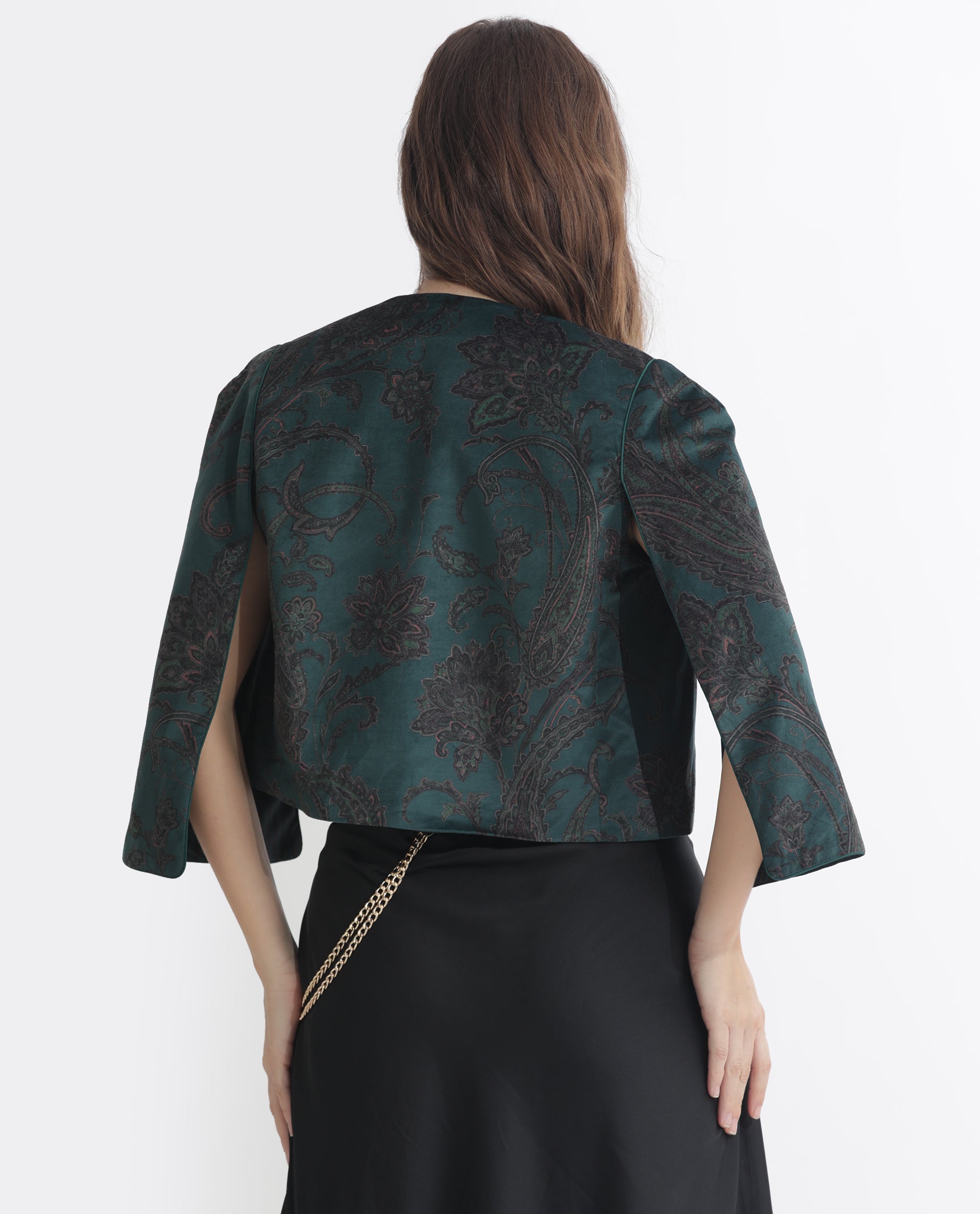 Rareism Women's Elani Green Velvet Collarless Floral Print Cape Sleeve Regular Fit Shrug