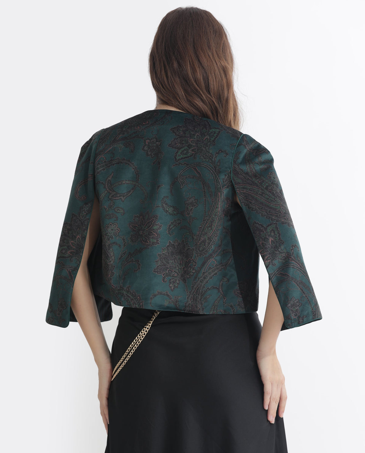 Rareism Women Elani Green Velvet Fabric 3/4Th Sleeves Cape Sleeve Regular Fit Floral Print Shrug
