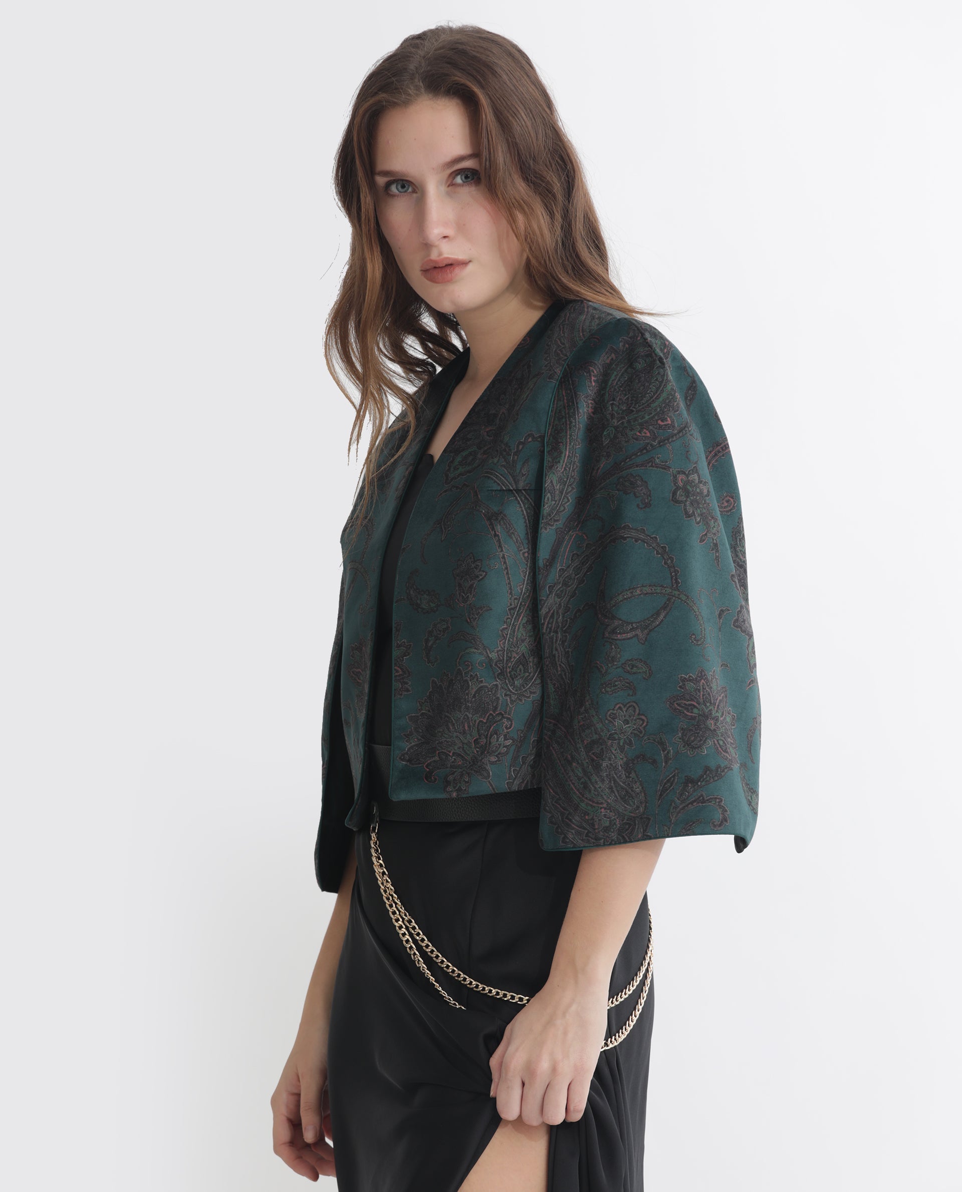 Rareism Women's Elani Green Velvet Collarless Floral Print Cape Sleeve Regular Fit Shrug