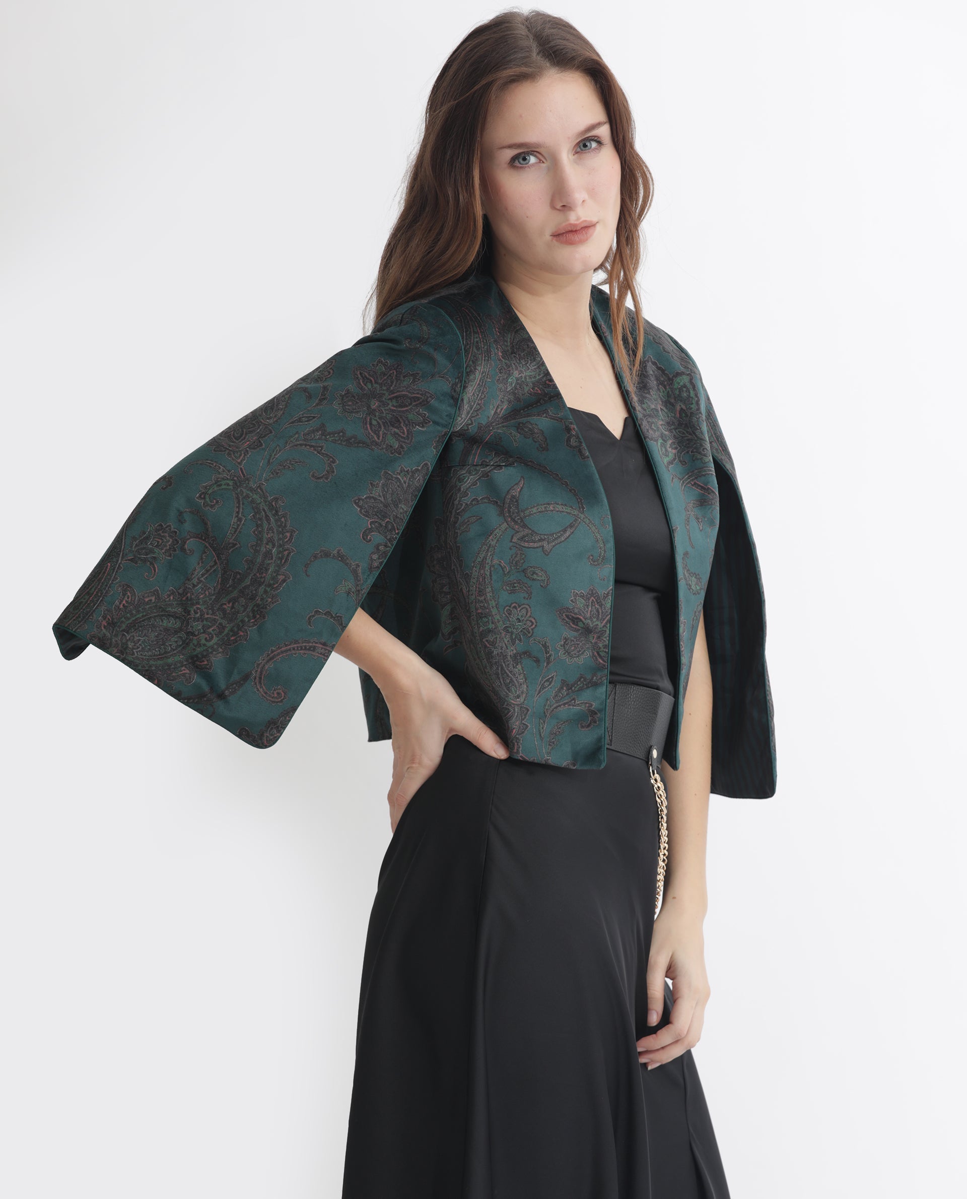 Rareism Women's Elani Green Velvet Collarless Floral Print Cape Sleeve Regular Fit Shrug