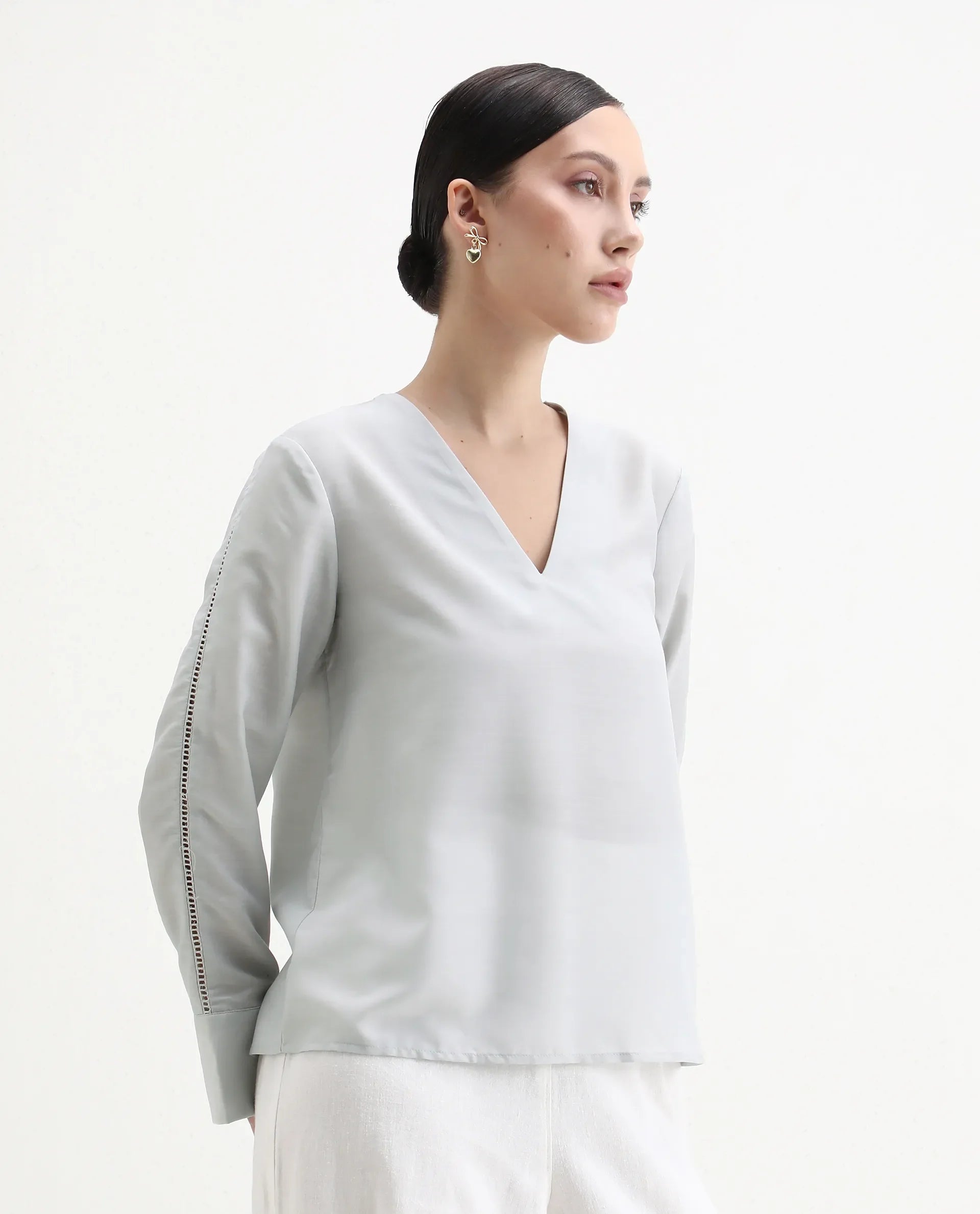 Rareism Women's Elapo Grey Polyester Cuffed Sleeve V-Neck Regular Fit Plain Top