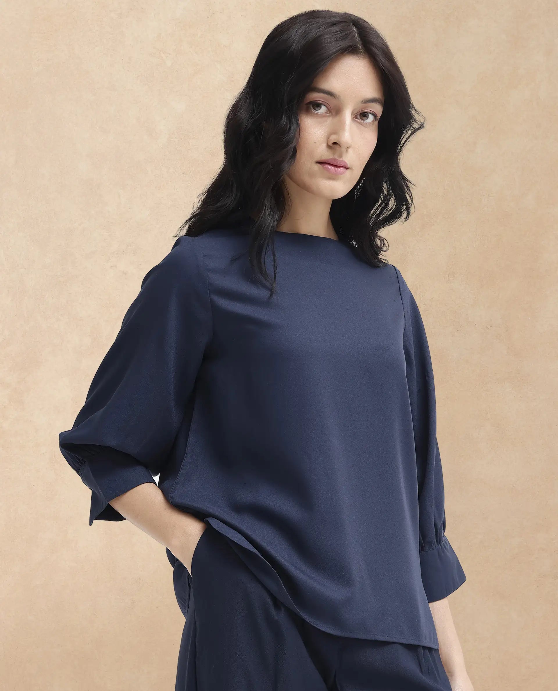 Rareism Women's Elara Navy Cotton Blend Mandarin Collar Plain Cuffed Sleeve Regular Fit Top