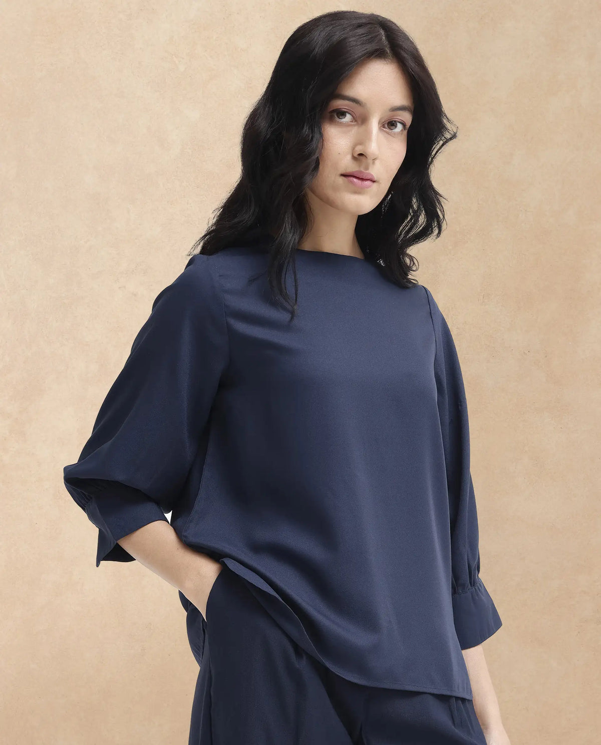 Rareism Women Elara-SC Navy Polyester Fabric Full Sleeve Round Neck Solid Regular Fit Top