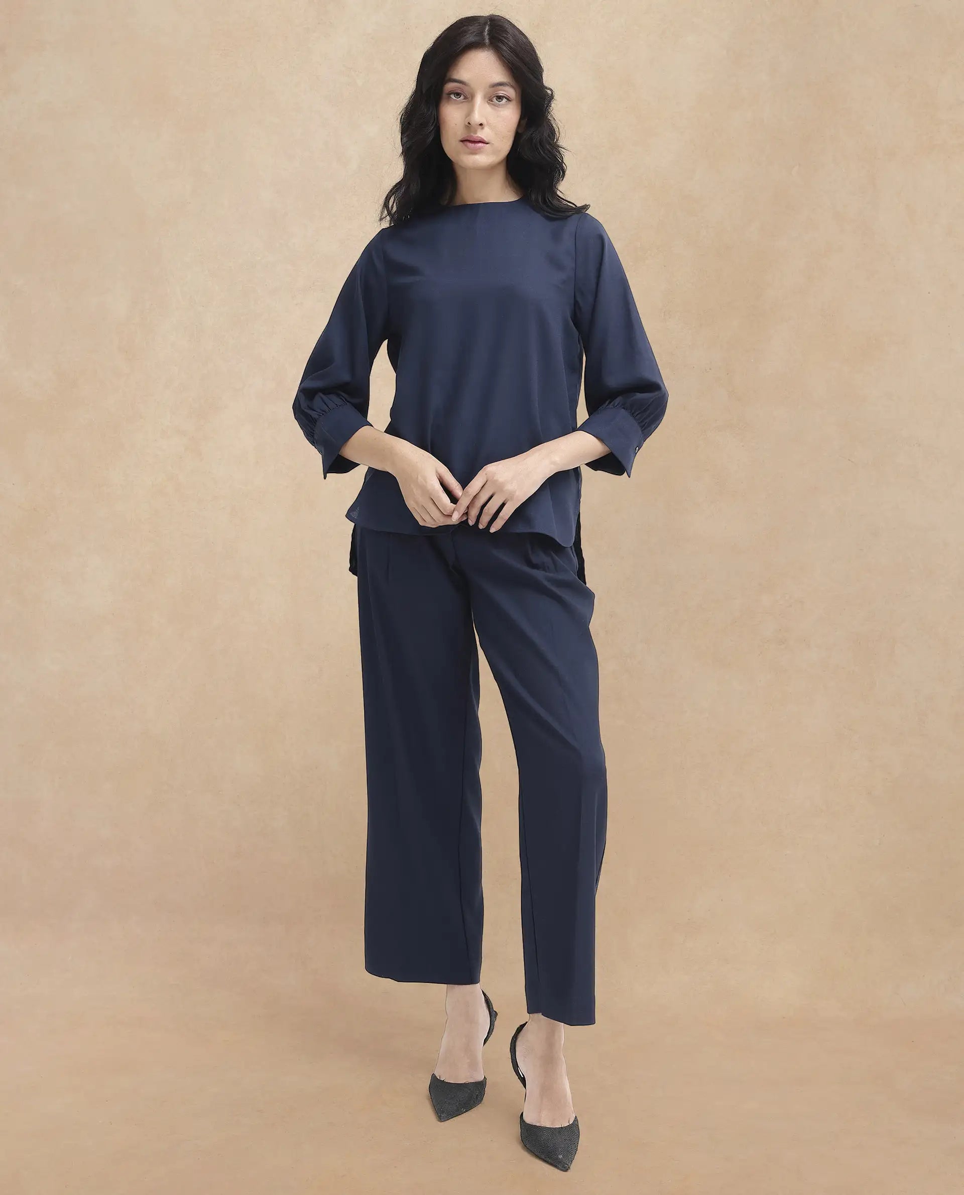 Rareism Women's Elara Navy Cotton Blend Mandarin Collar Plain Cuffed Sleeve Regular Fit Top