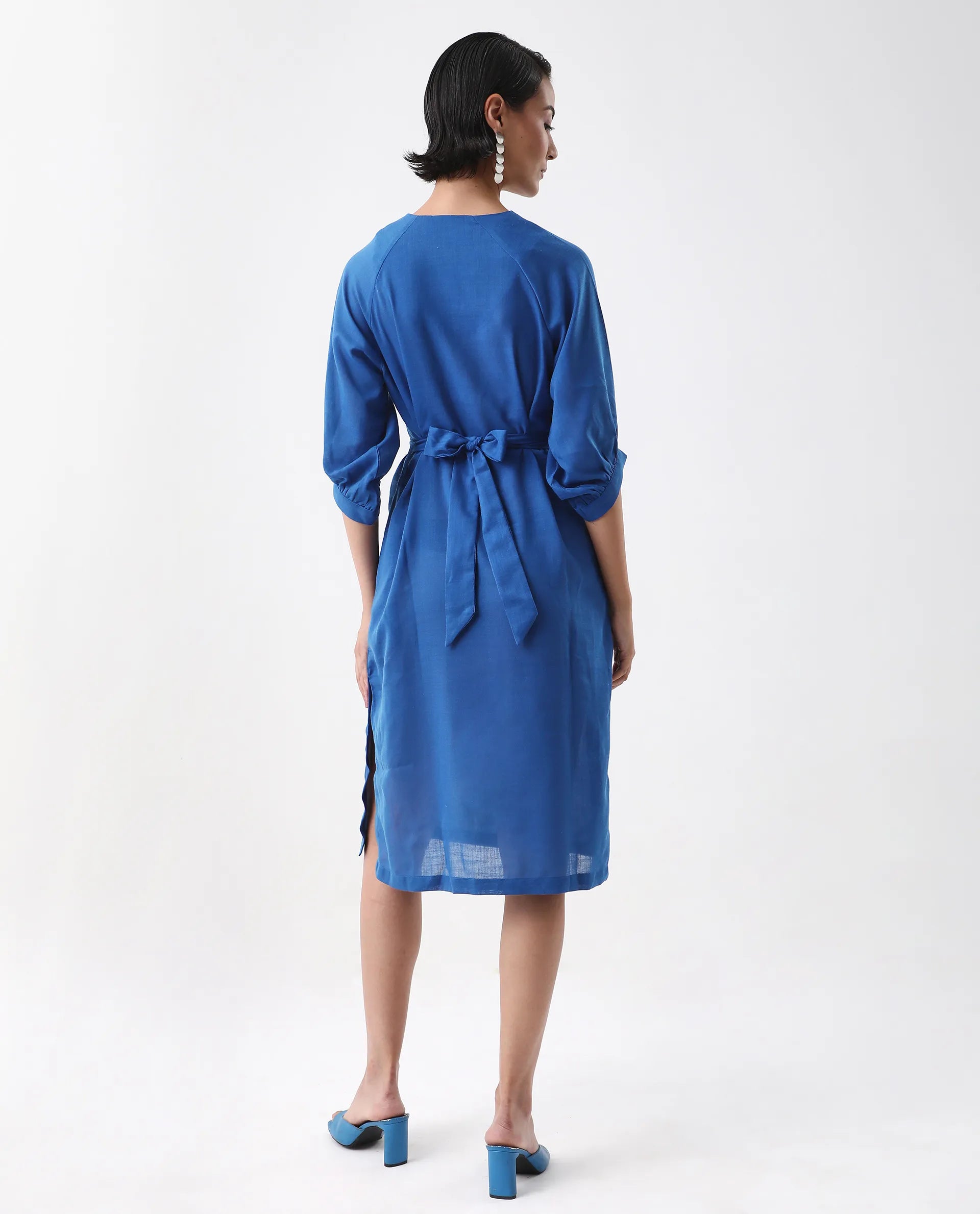 Rareism Women's Elarat Dark Blue Linen V-Neck Plain Bishop Sleeve Midi A-Line Dress