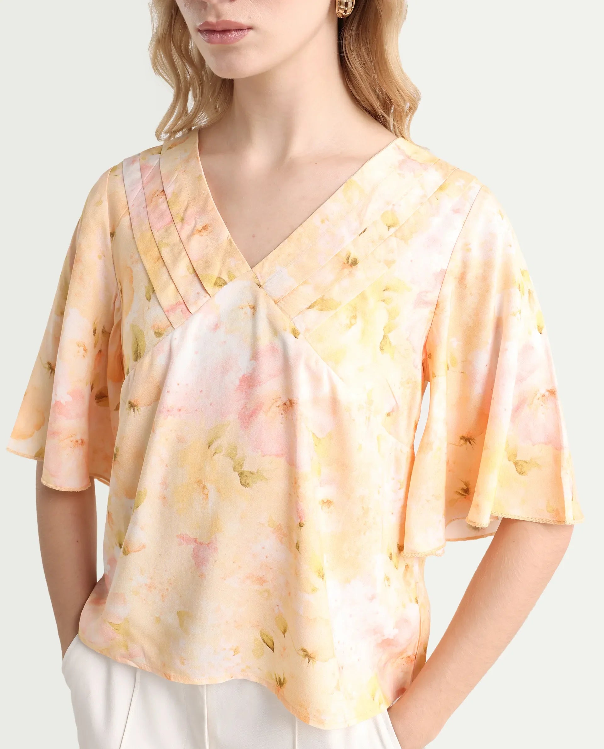 Rareism Women's Elara Yellow Viscose V-Neck Regular Fit Top
