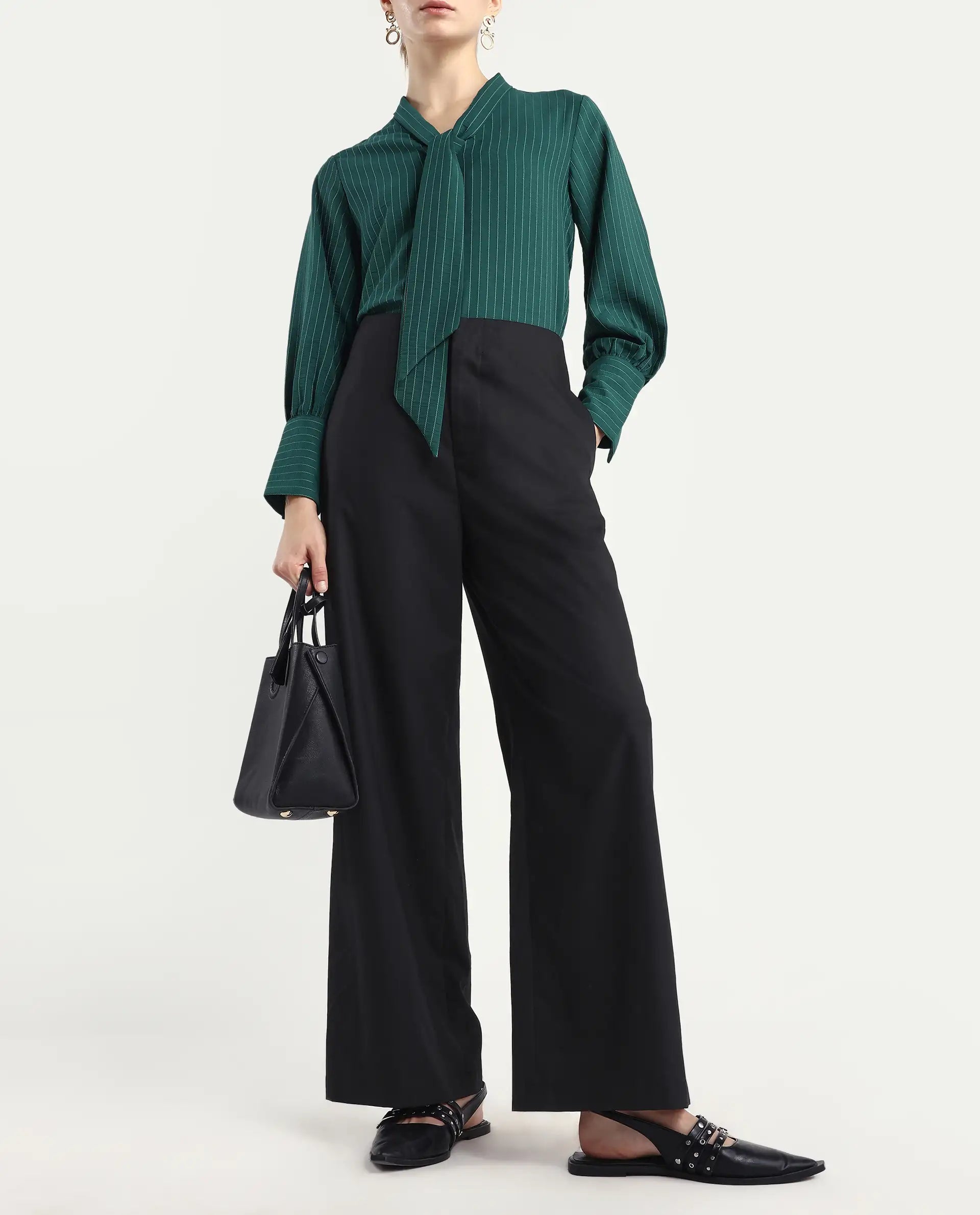 Rareism Women Elary Black Viscose Blend Button Closure Wide Leg Fit Plain Trouser