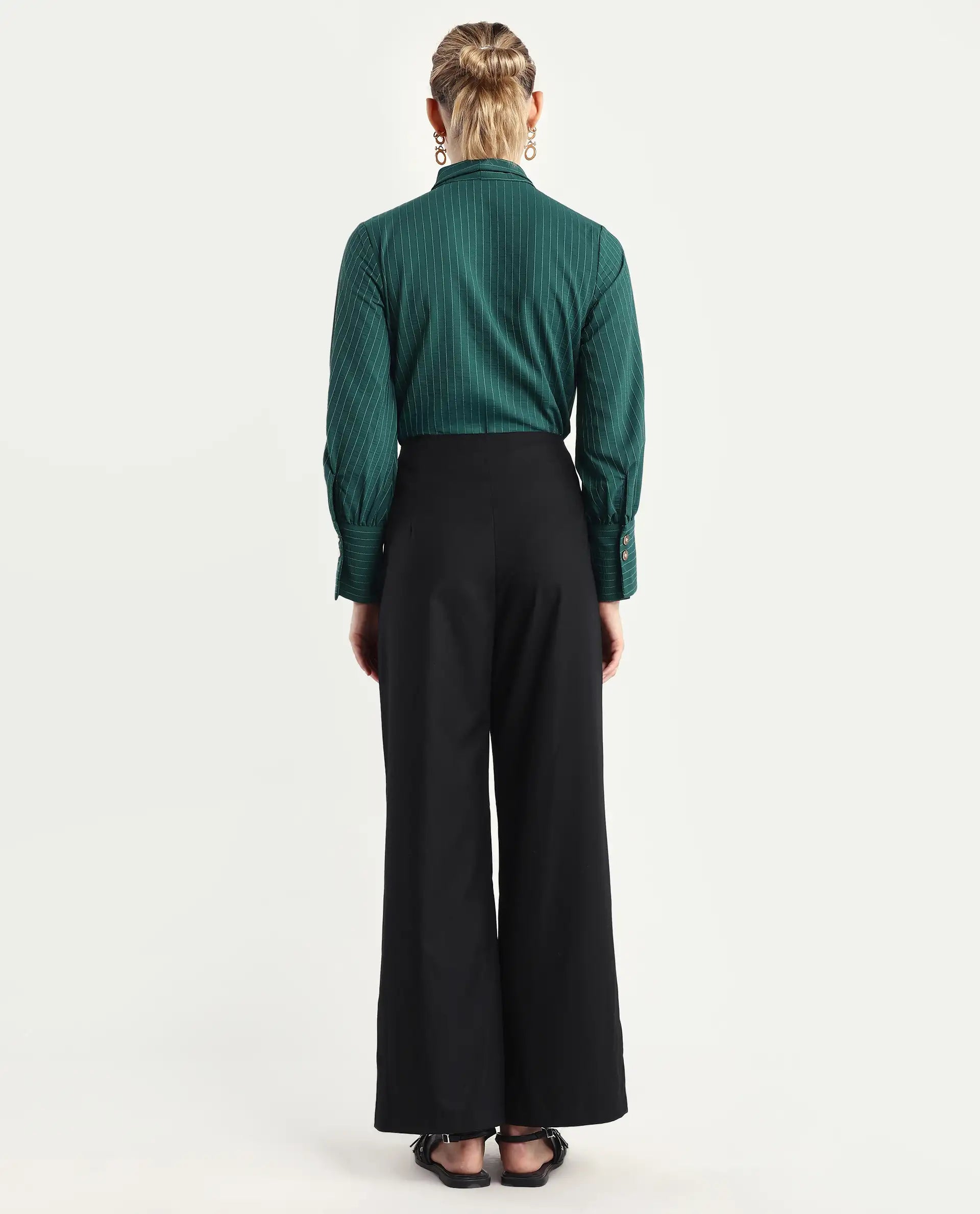 Rareism Women Elary Black Viscose Blend Button Closure Wide Leg Fit Plain Trouser