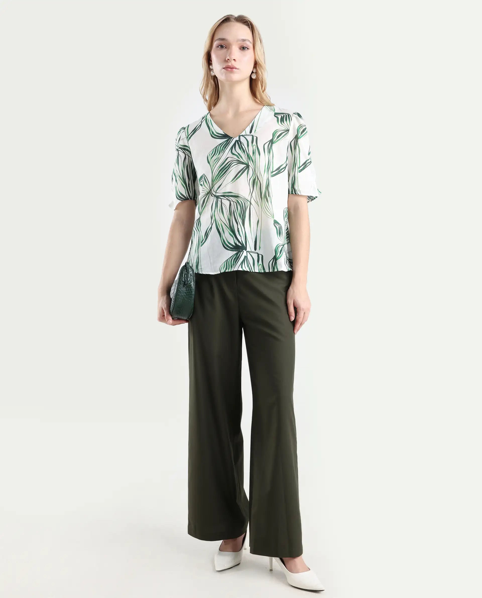 Rareism Women Elary Dark Olive Viscose Blend Button Closure Wide Leg Fit Plain Trouser