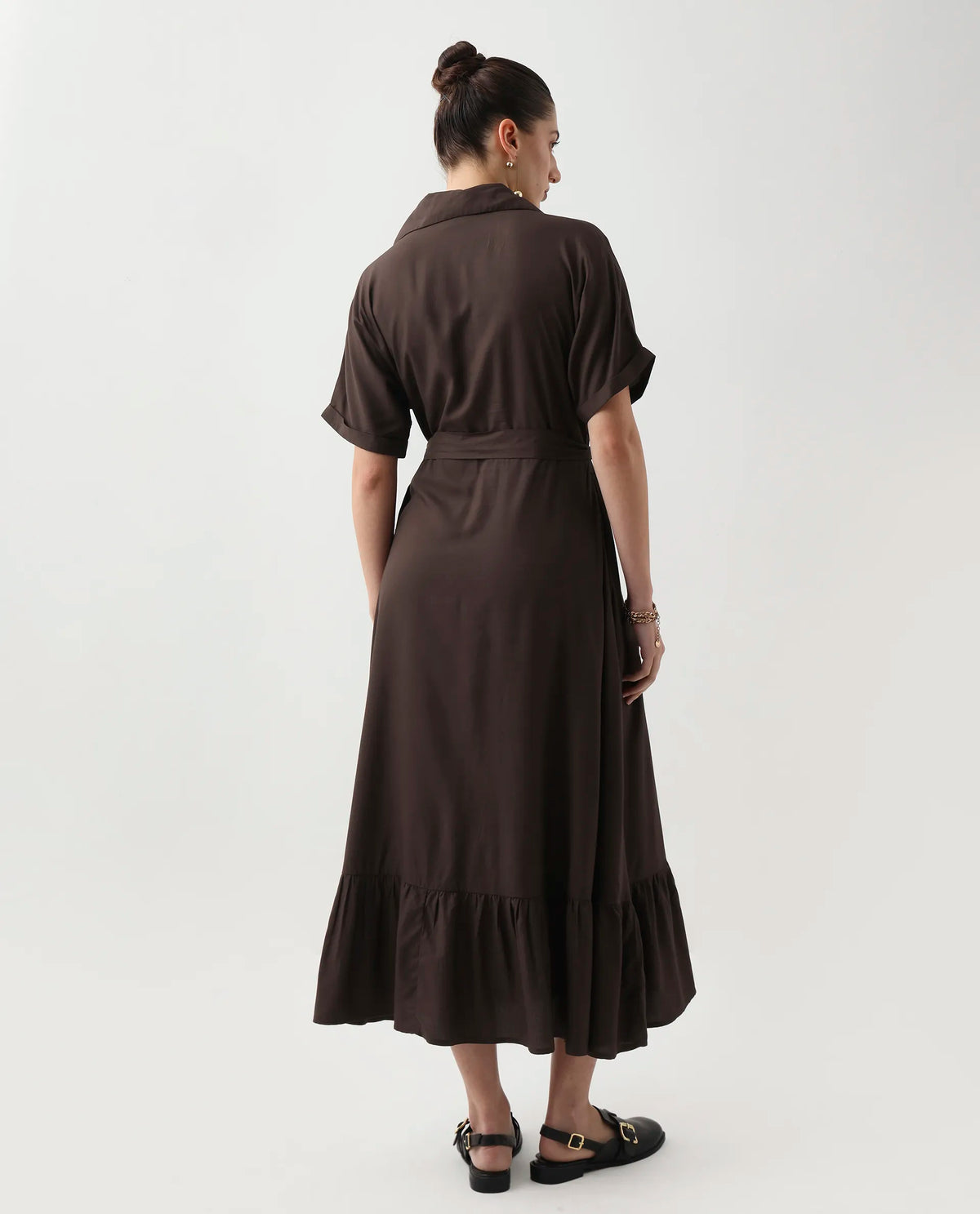 Rareism Women's Elate Brown Viscose Johnny Collar A-Line Plain Midi Dress