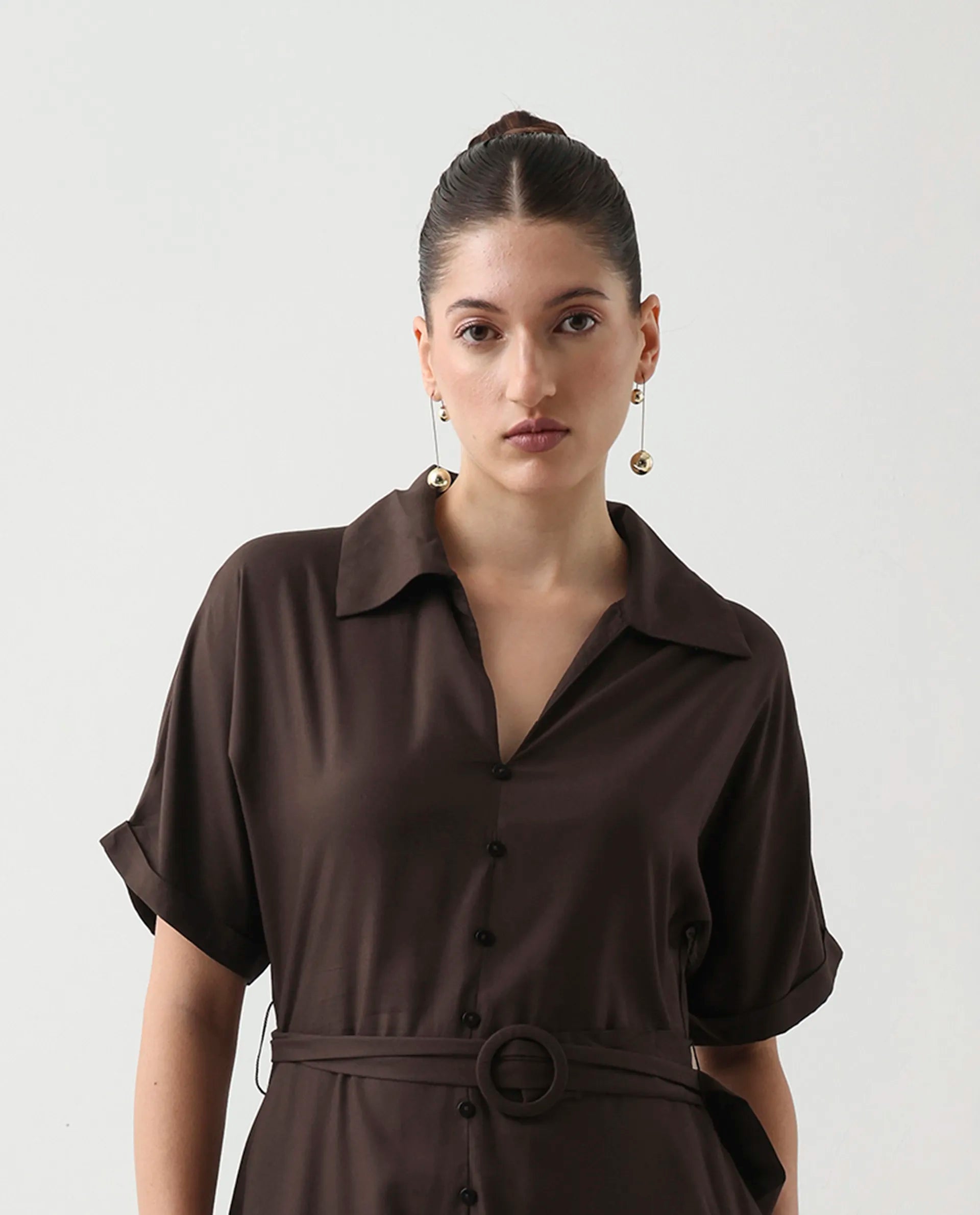 Rareism Women's Elate Brown Viscose Johnny Collar A-Line Plain Midi Dress