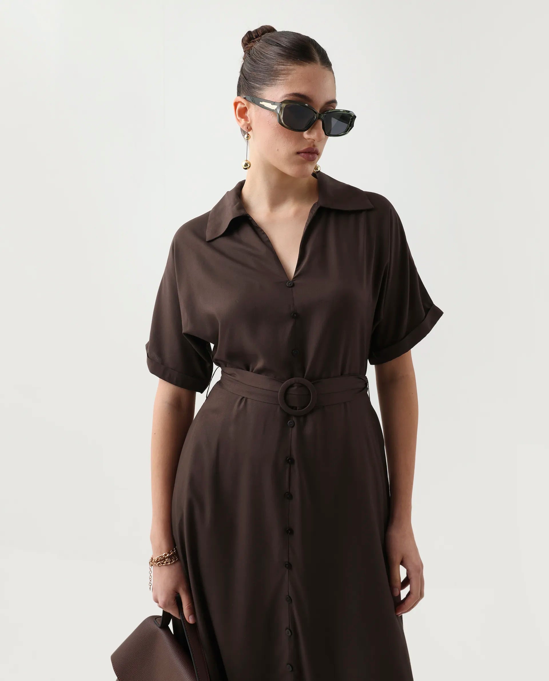 Rareism Women's Elate Brown Viscose Johnny Collar A-Line Plain Midi Dress