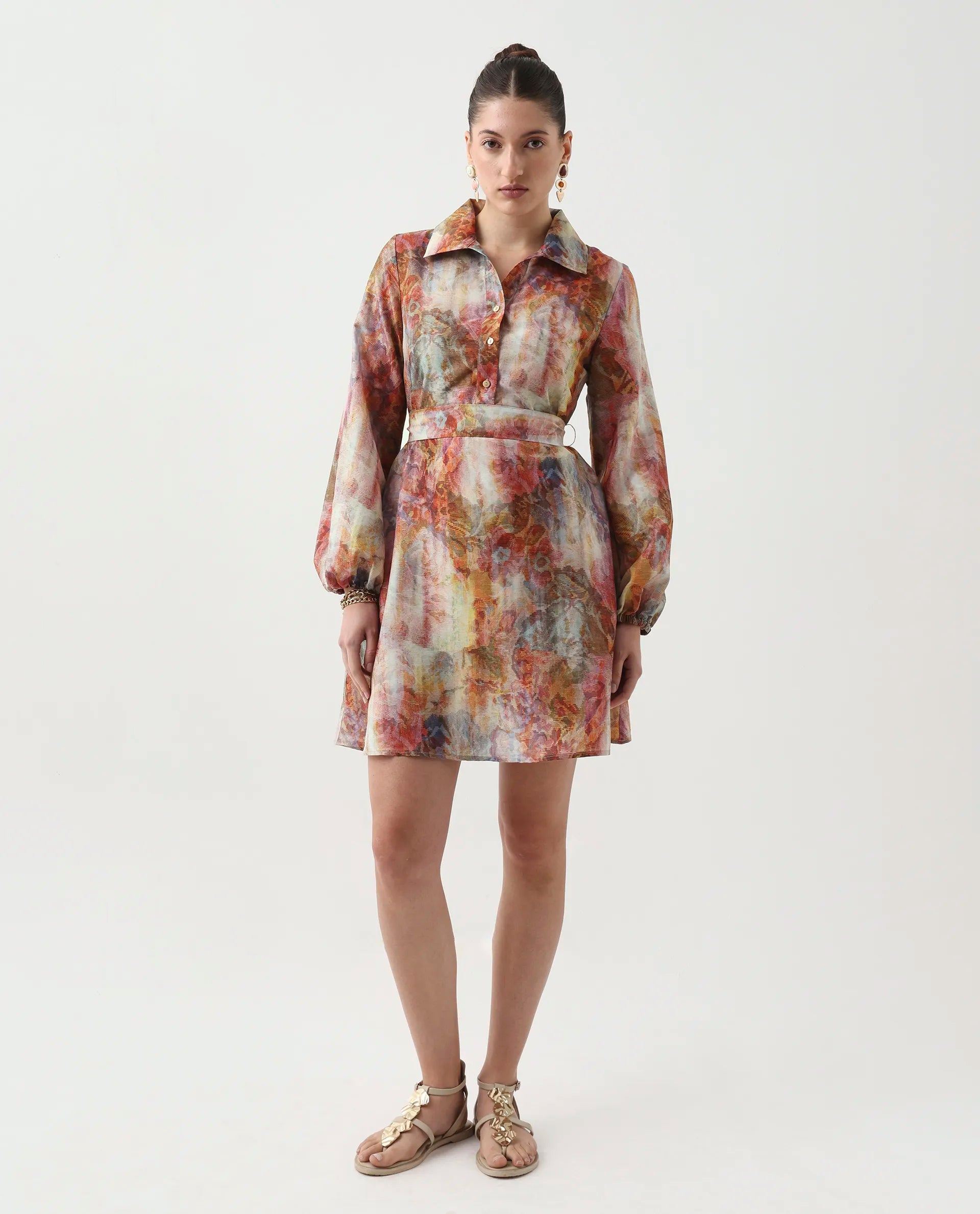 Rareism Women's Elbon Multi Polyester Collared Neck A-Line Printed Dress