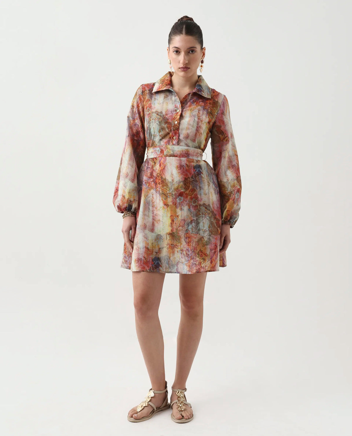 Rareism Women's Elbon Multi Polyester Collared Neck A-Line Printed Dress