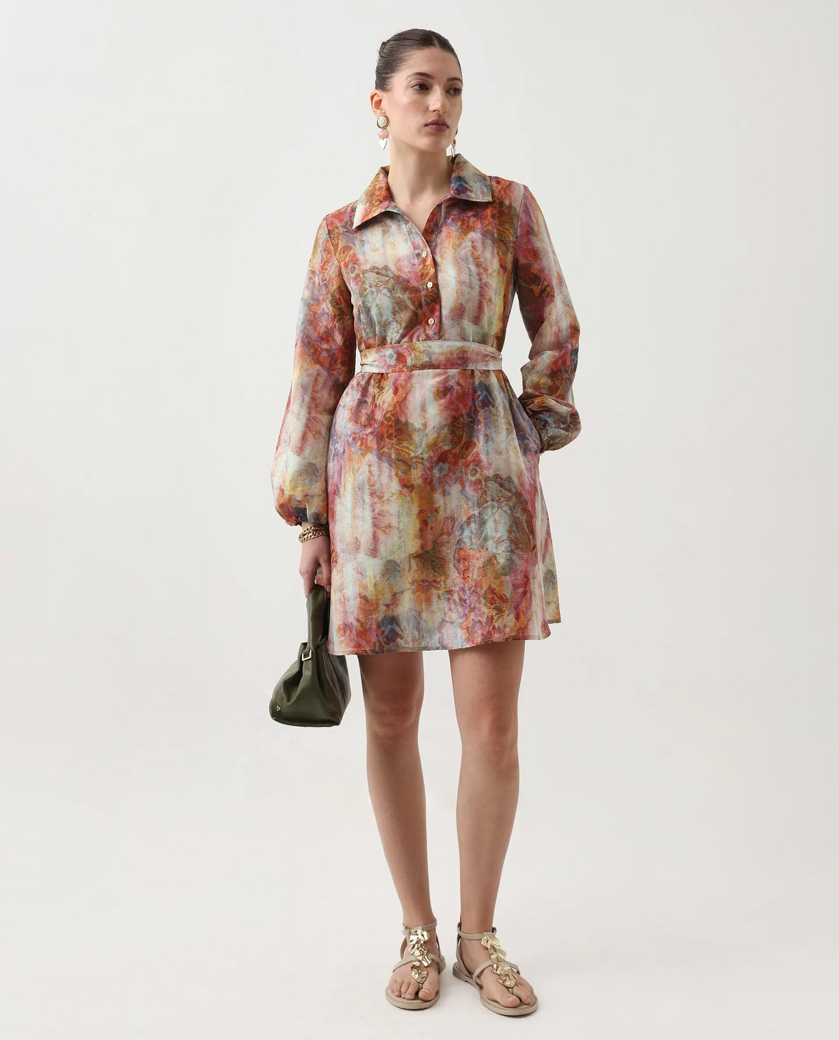 Rareism Women's Elbon Multi Polyester Collared Neck A-Line Printed Dress