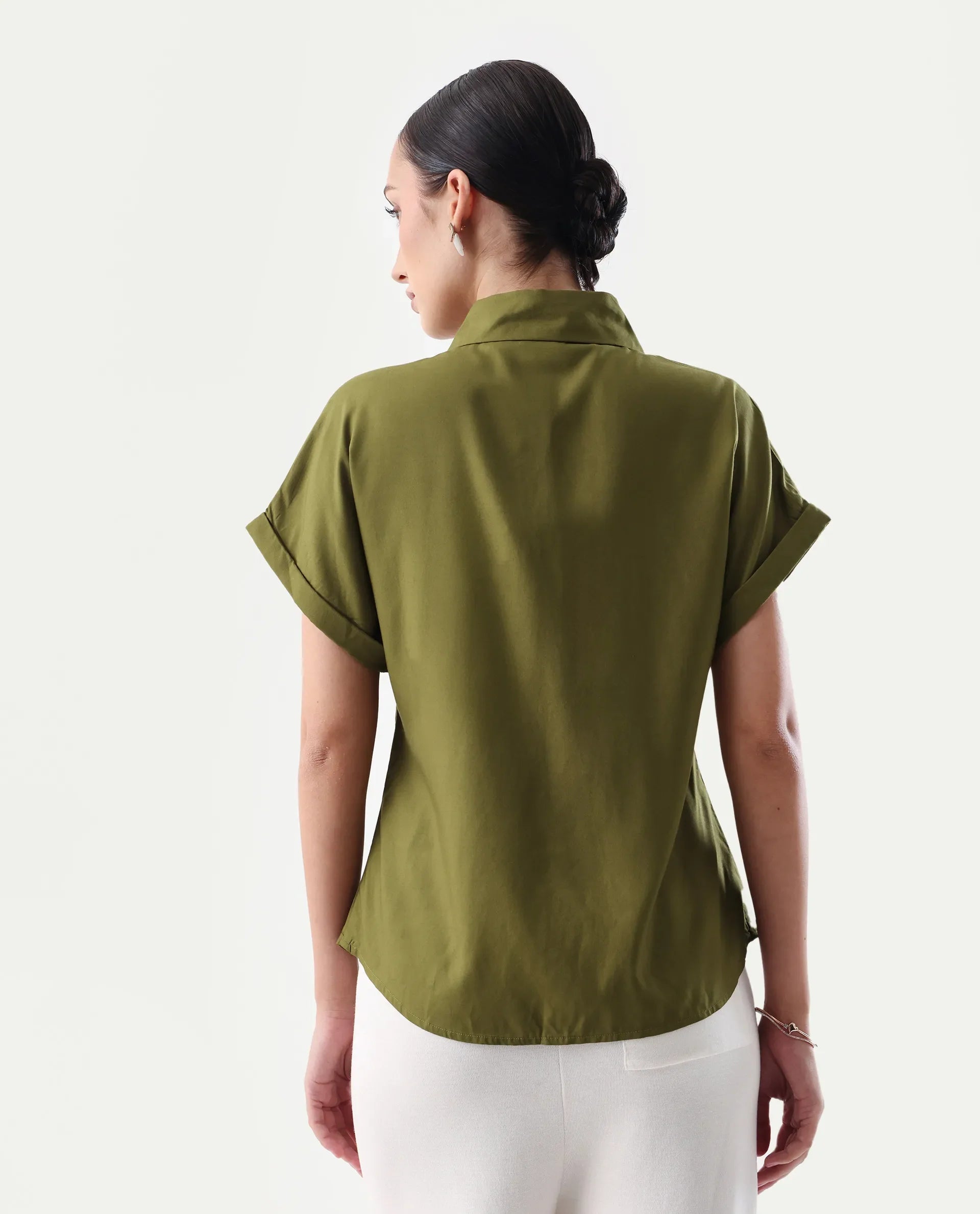 Rareism Women's Elcee Olive Viscose Collared Neck Regular Fit Shirt