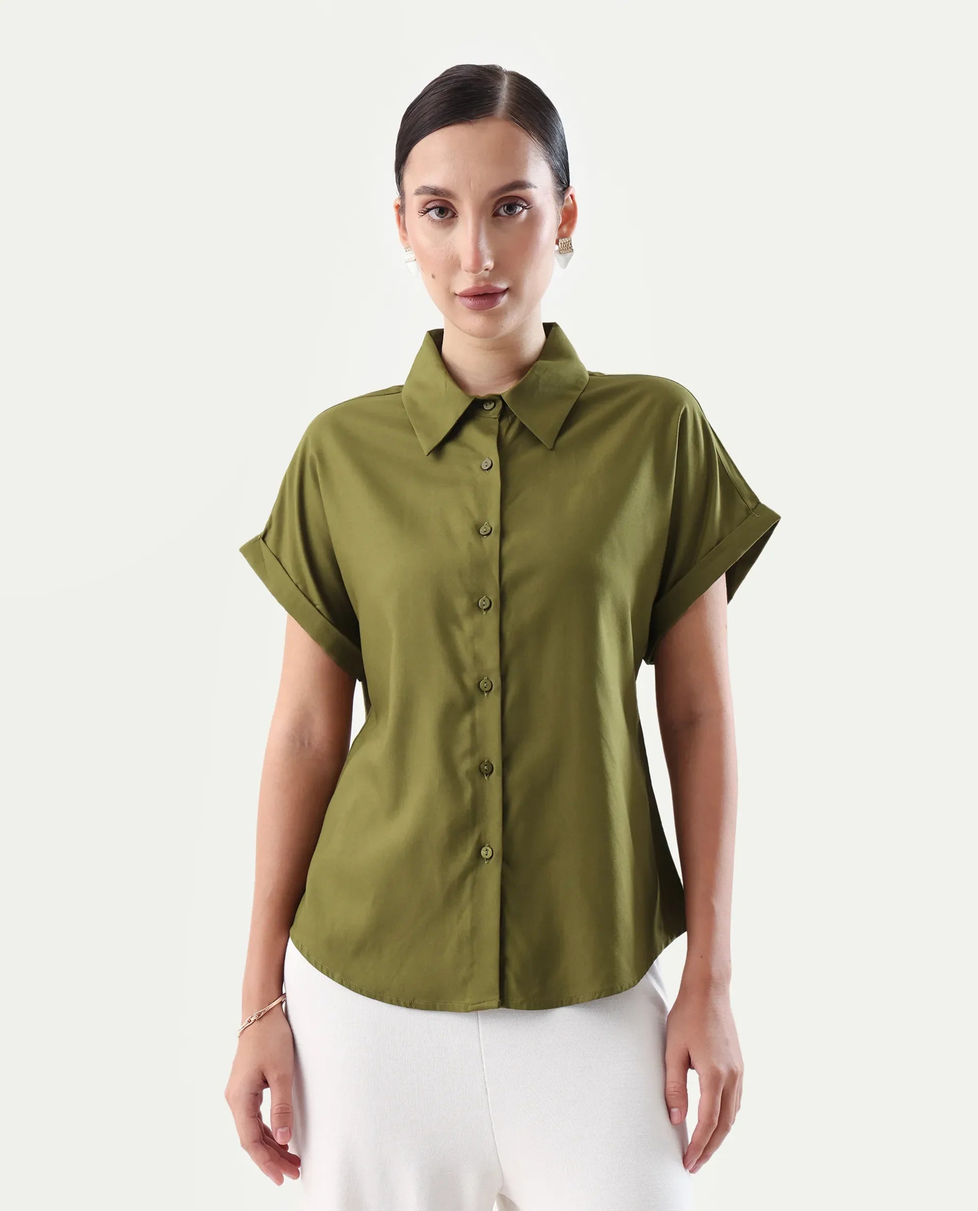 Rareism Women's Elcee Olive Viscose Collared Neck Regular Fit Shirt