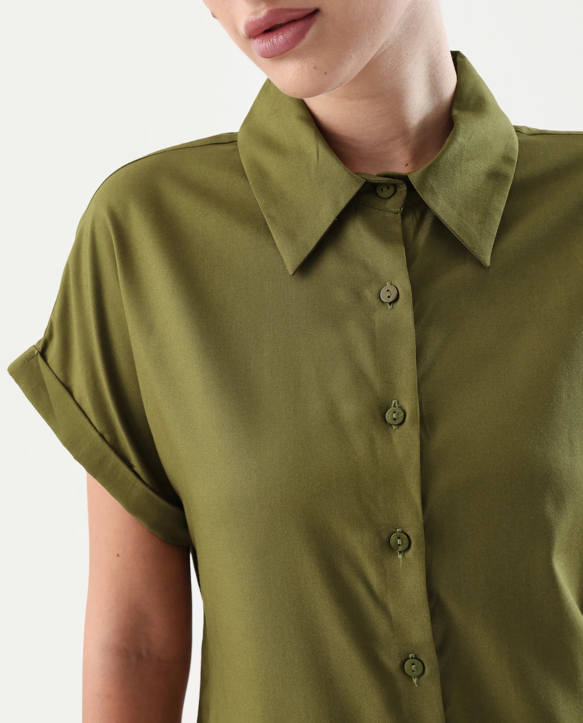 Rareism Women's Elcee Olive Viscose Collared Neck Regular Fit Shirt