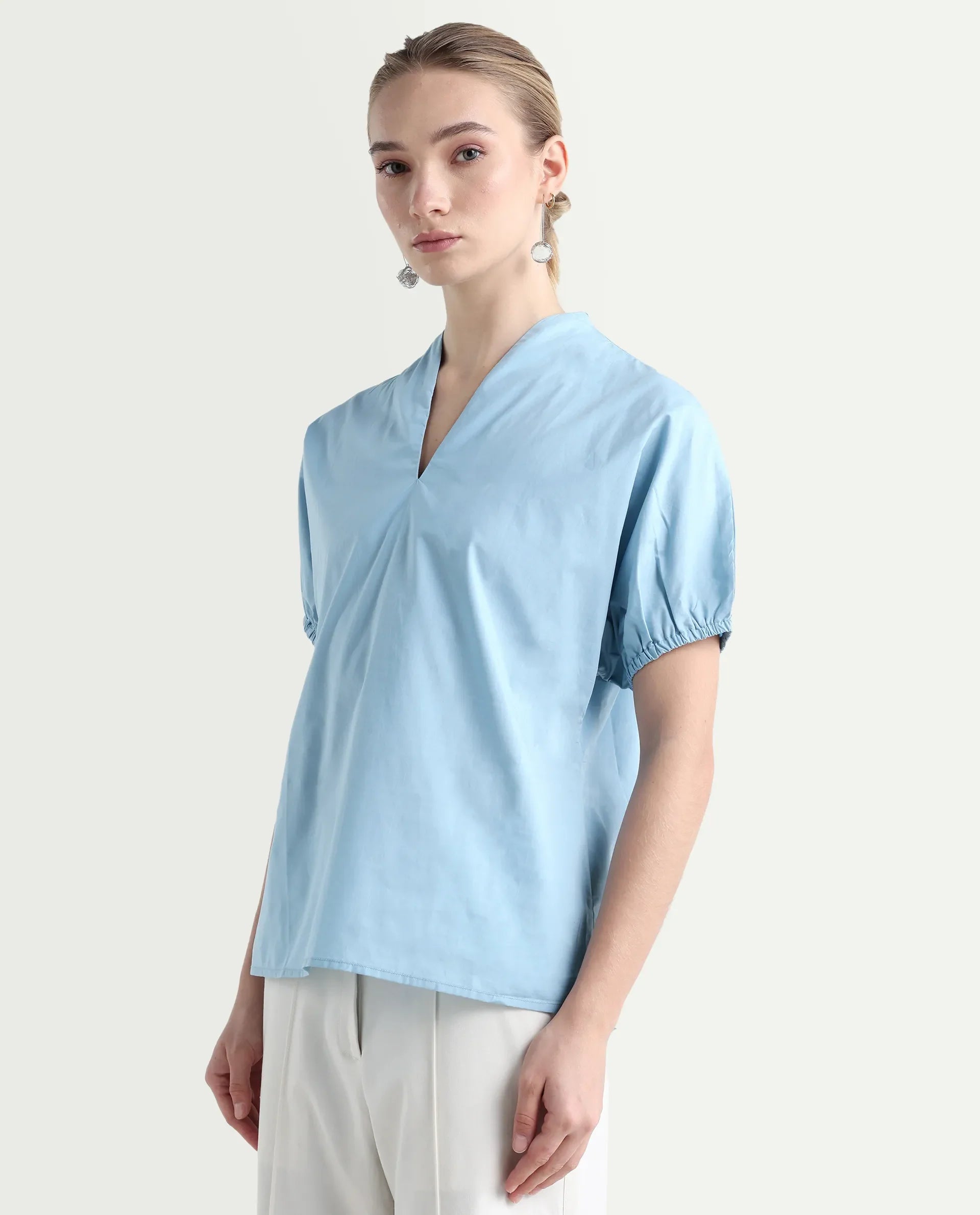 Rareism Women's Eldee Blue Cotton V-Neck Regular Fit Plain Top