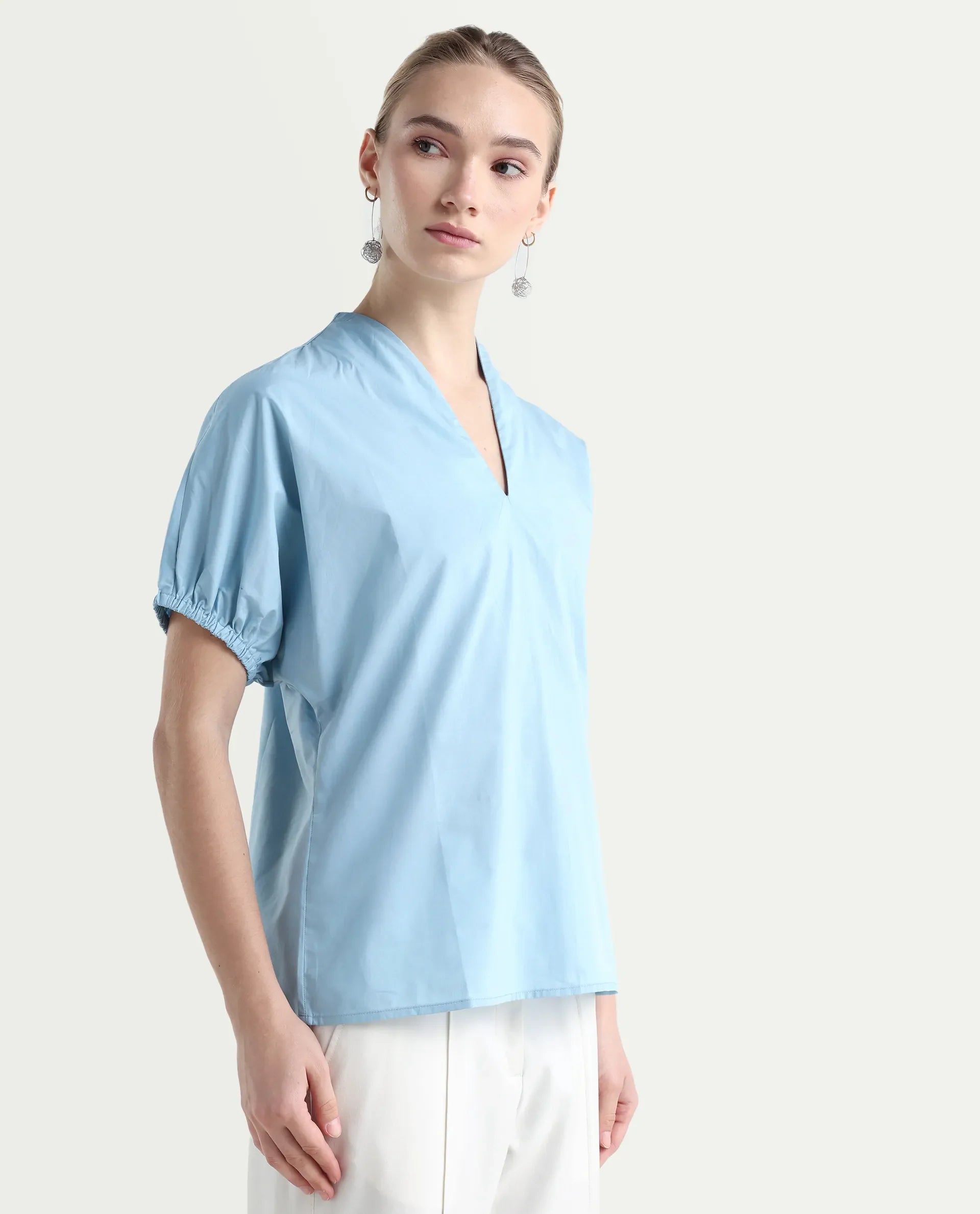 Rareism Women's Eldee Blue Cotton V-Neck Regular Fit Plain Top