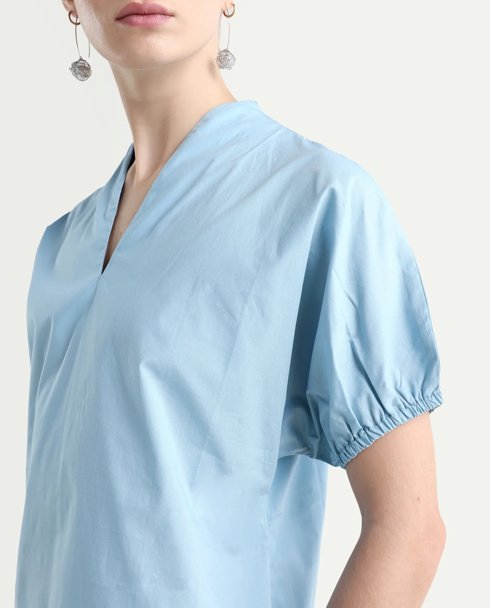 Rareism Women's Eldee Blue Cotton V-Neck Regular Fit Plain Top