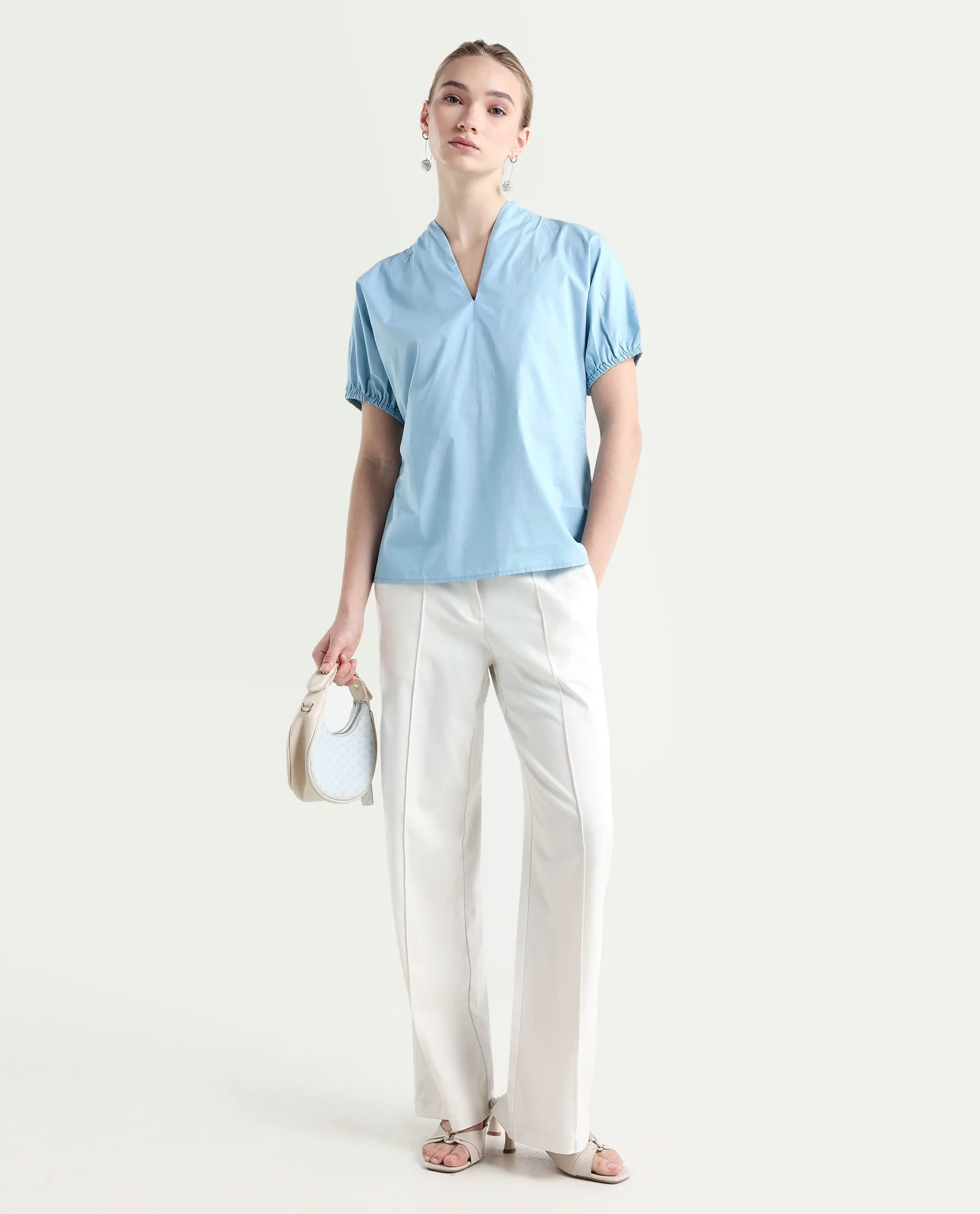Rareism Women's Eldee Blue Cotton V-Neck Regular Fit Plain Top