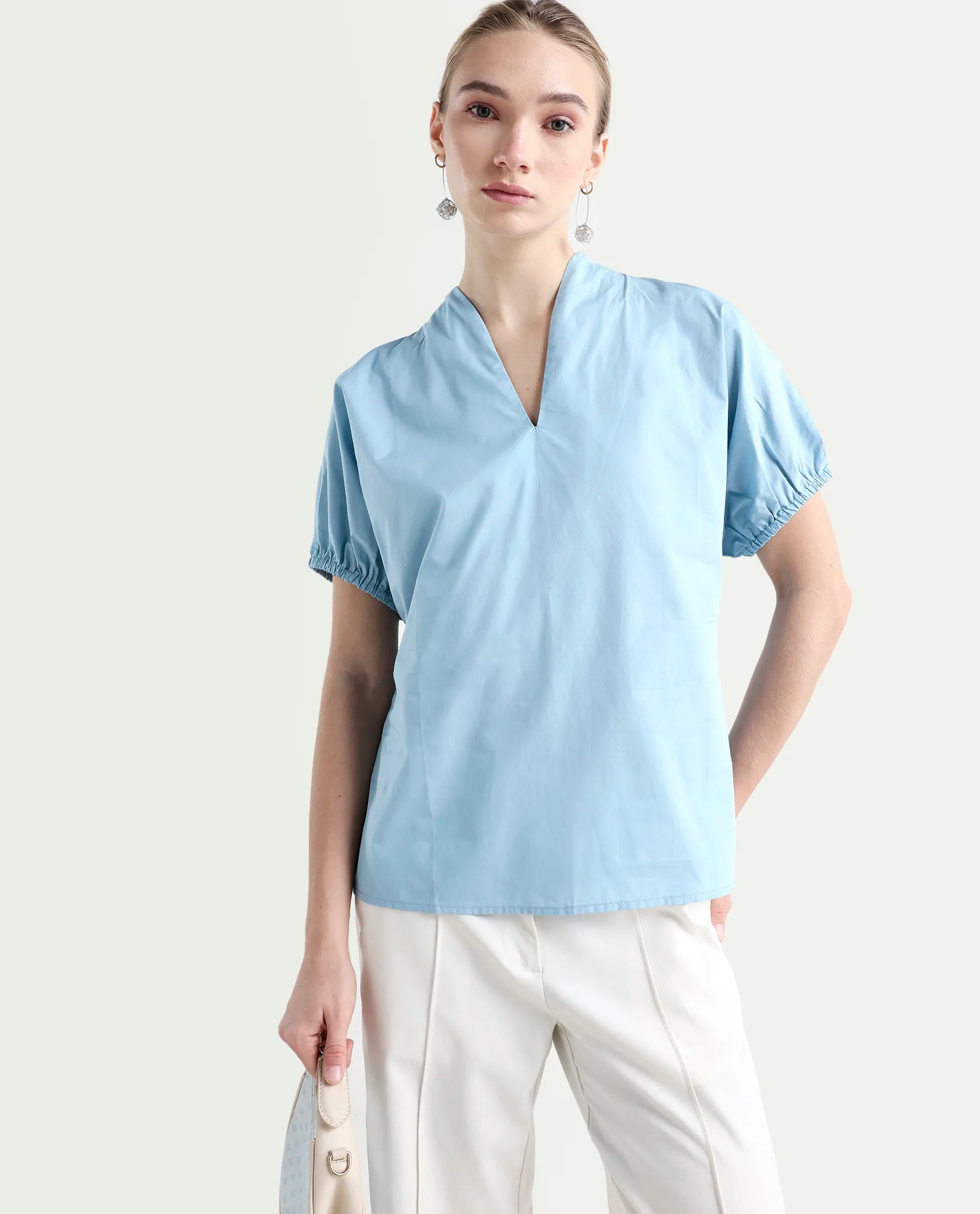Rareism Women's Eldee Blue Cotton V-Neck Regular Fit Plain Top