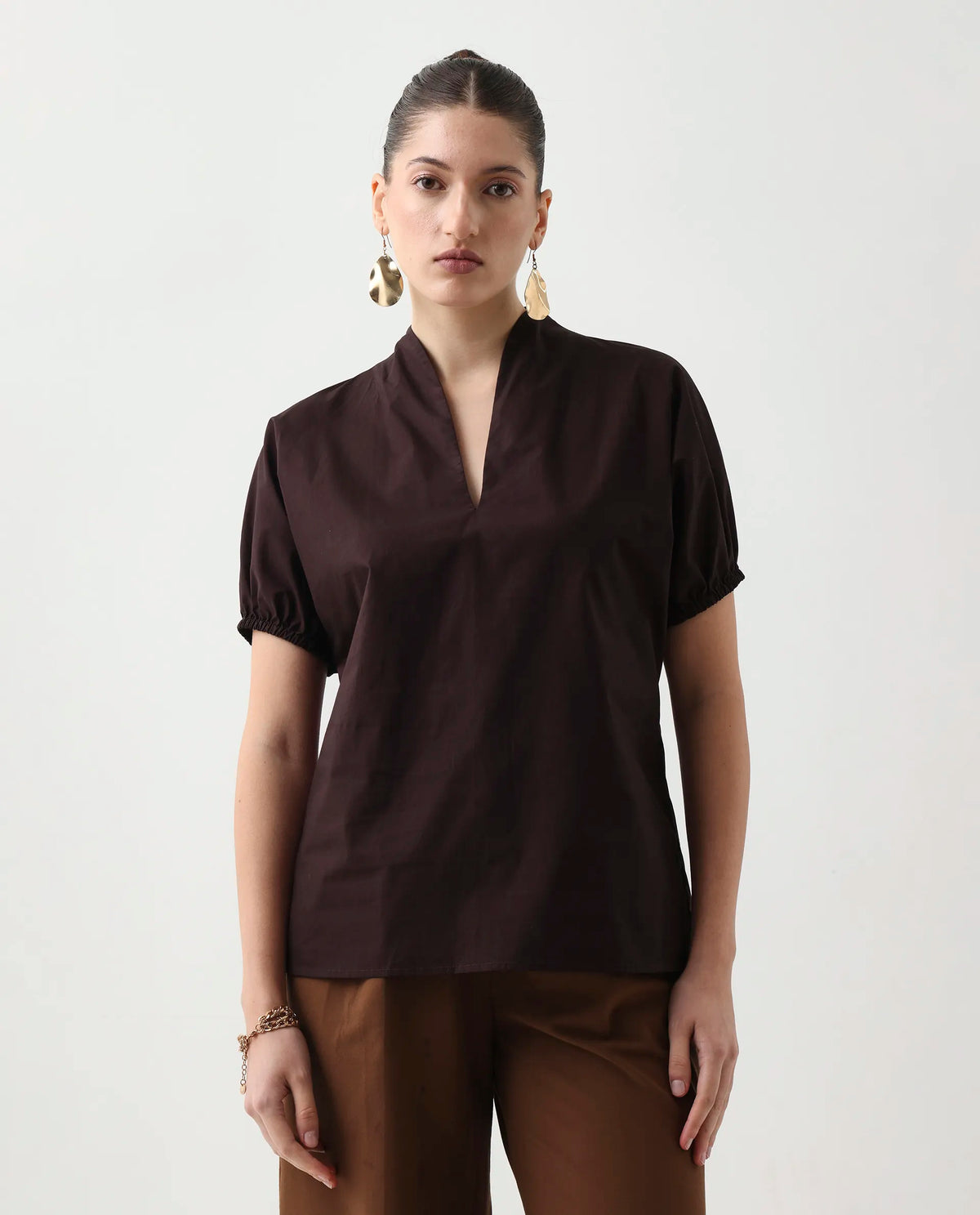 Rareism Women's Eldee Brown Cotton Extended Sleeves V-Neck Regular Fit Plain Top