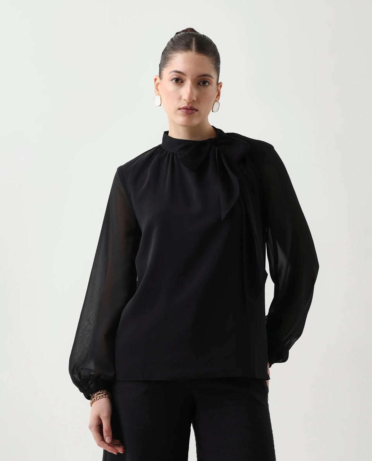 Rareism Women's Elden Black Polyester Bishop Sleeve Tie-Up Neck Regular Fit Plain Top