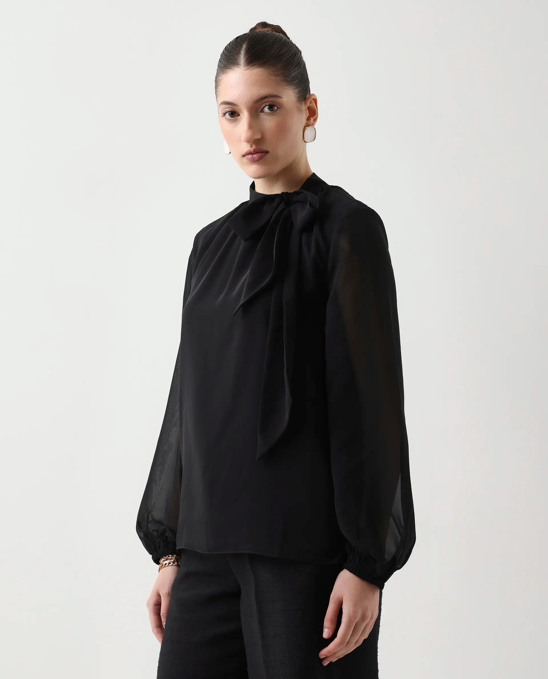 Rareism Women's Elden Black Polyester Bishop Sleeve Tie-Up Neck Regular Fit Plain Top