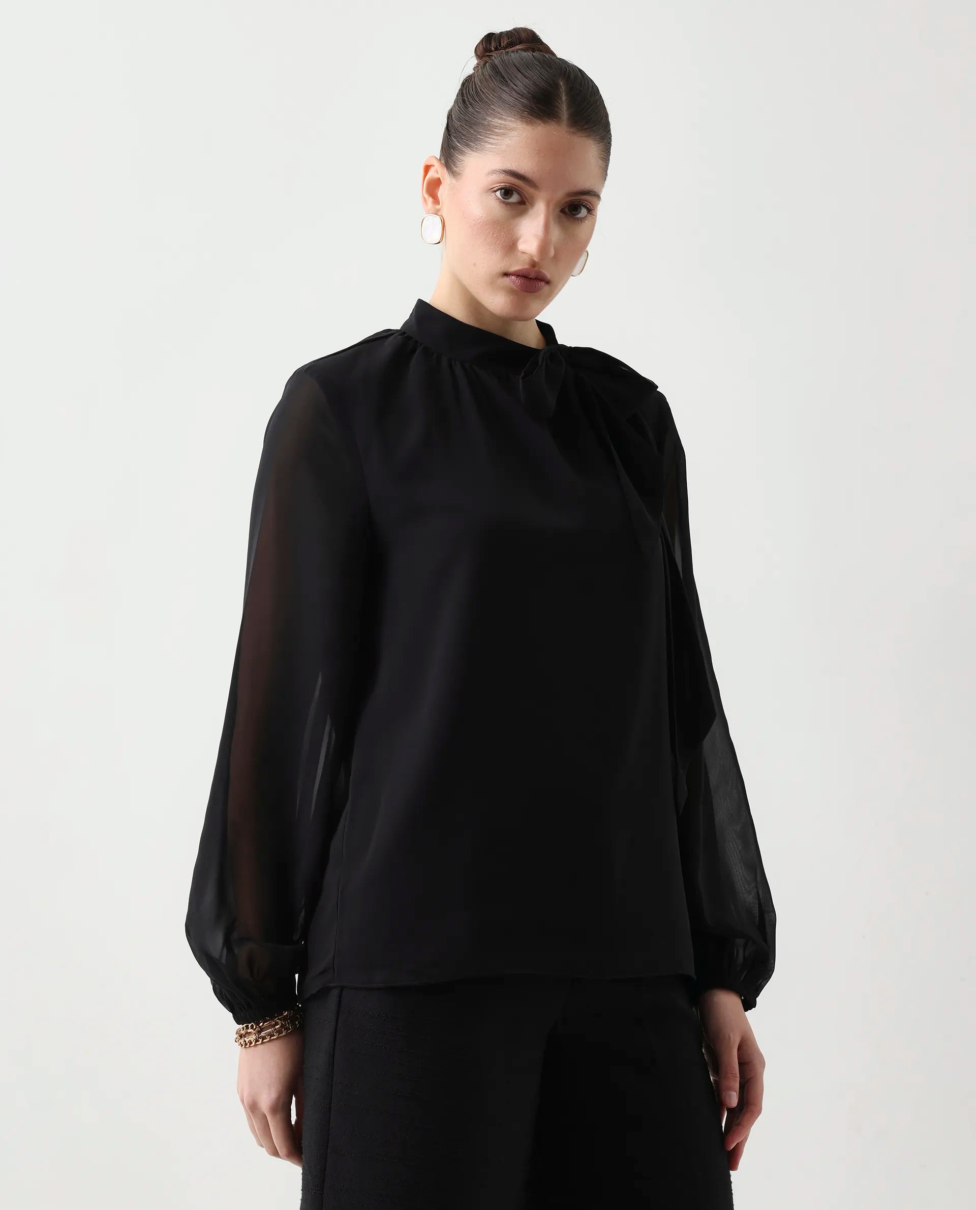 Rareism Women's Elden Black Polyester Bishop Sleeve Tie-Up Neck Regular Fit Plain Top