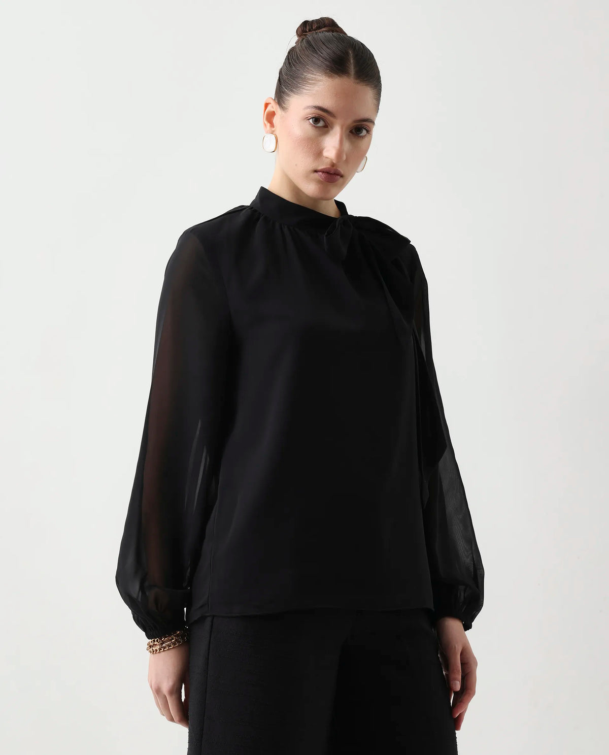 Rareism Women's Elden Black Polyester Bishop Sleeve Tie-Up Neck Regular Fit Plain Top