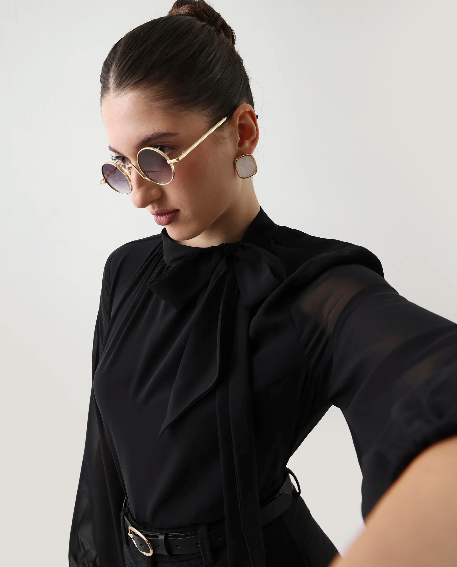 Rareism Women's Elden Black Polyester Bishop Sleeve Tie-Up Neck Regular Fit Plain Top