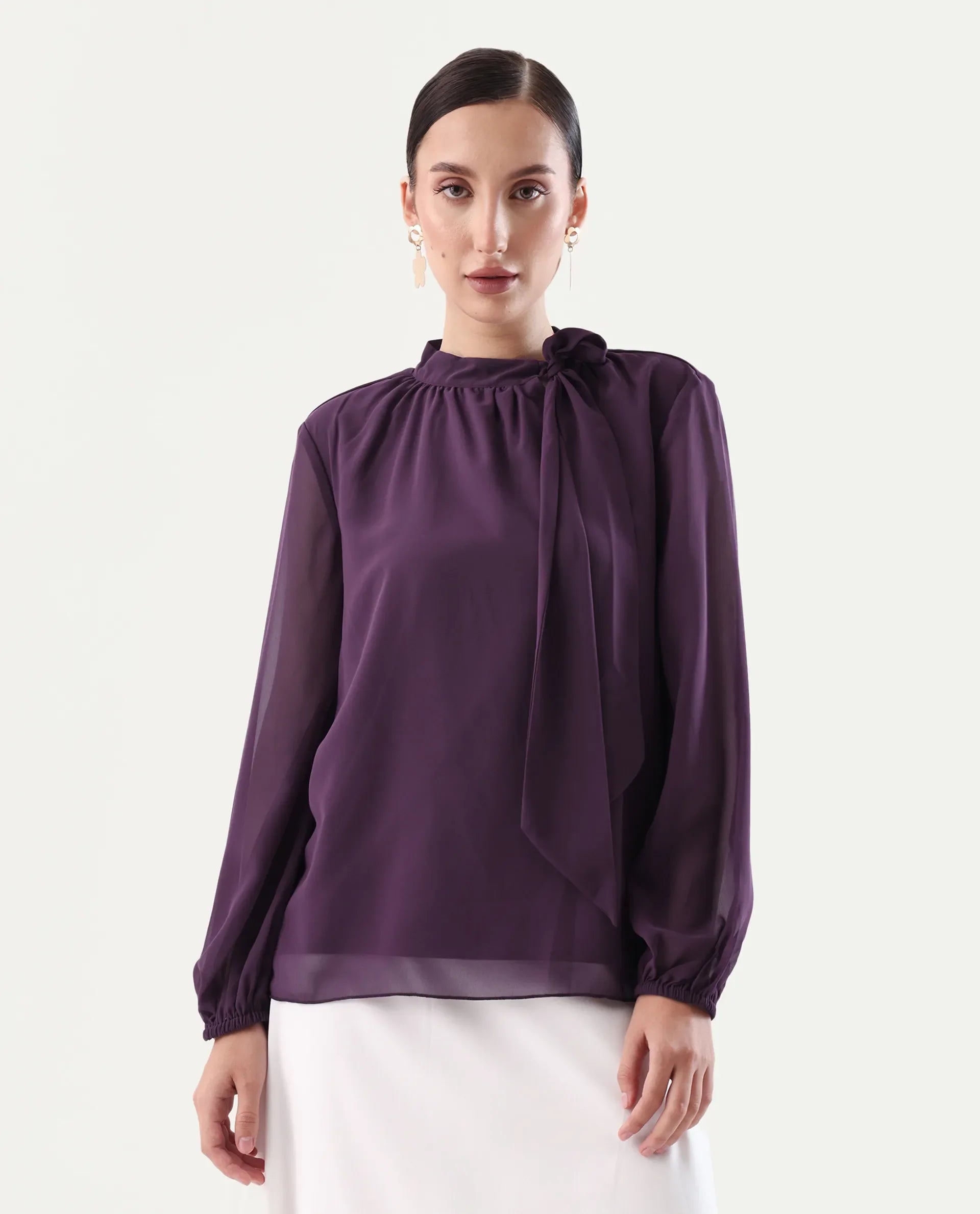 Rareism Women's Elden Maroon Polyester Tie-Up Neck Regular Fit Plain Top